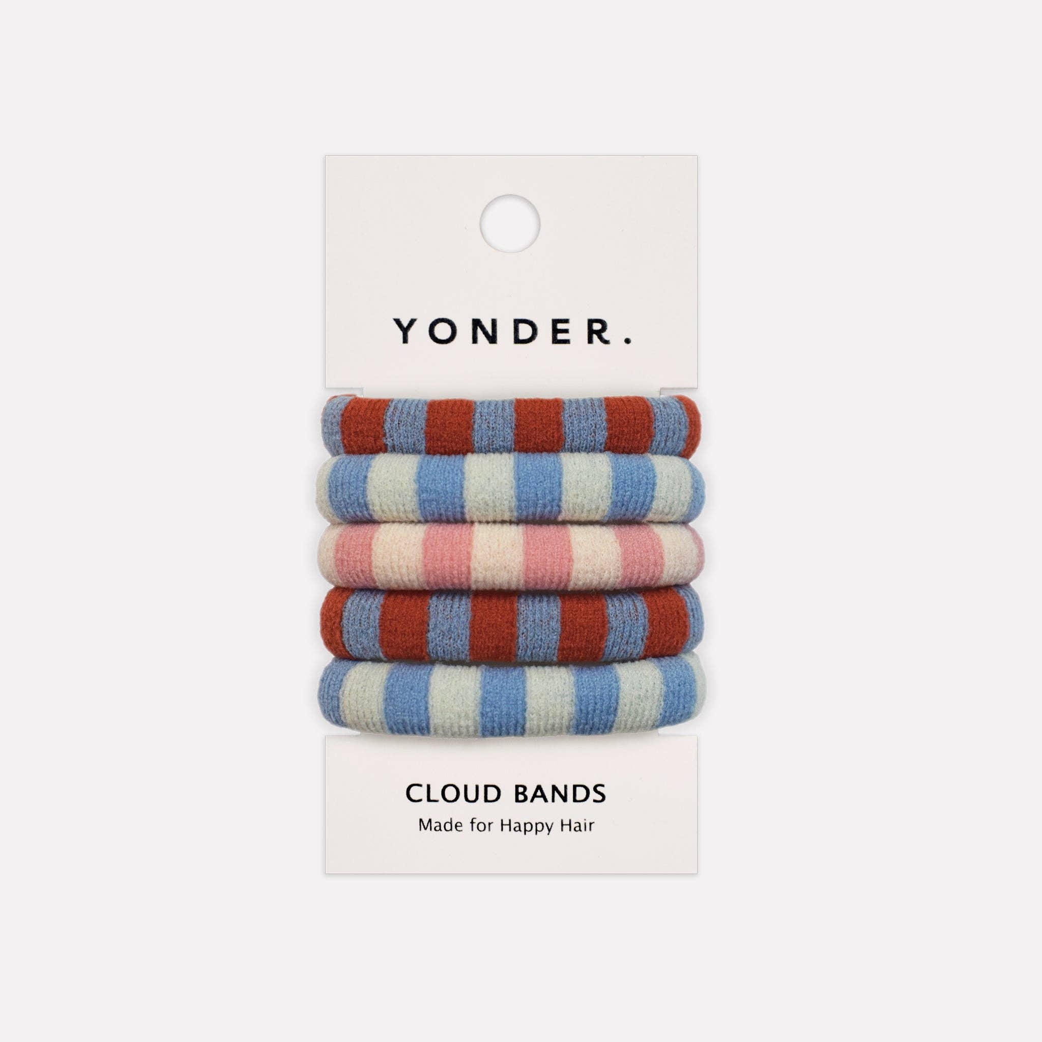 Set of striped hair bands on a Yonder branded card with a white background