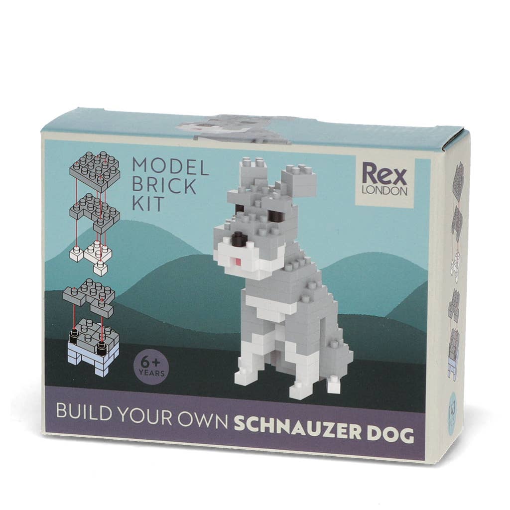 Model brick kit packaging for building a Schnauzer dog by Rex London on a white background.