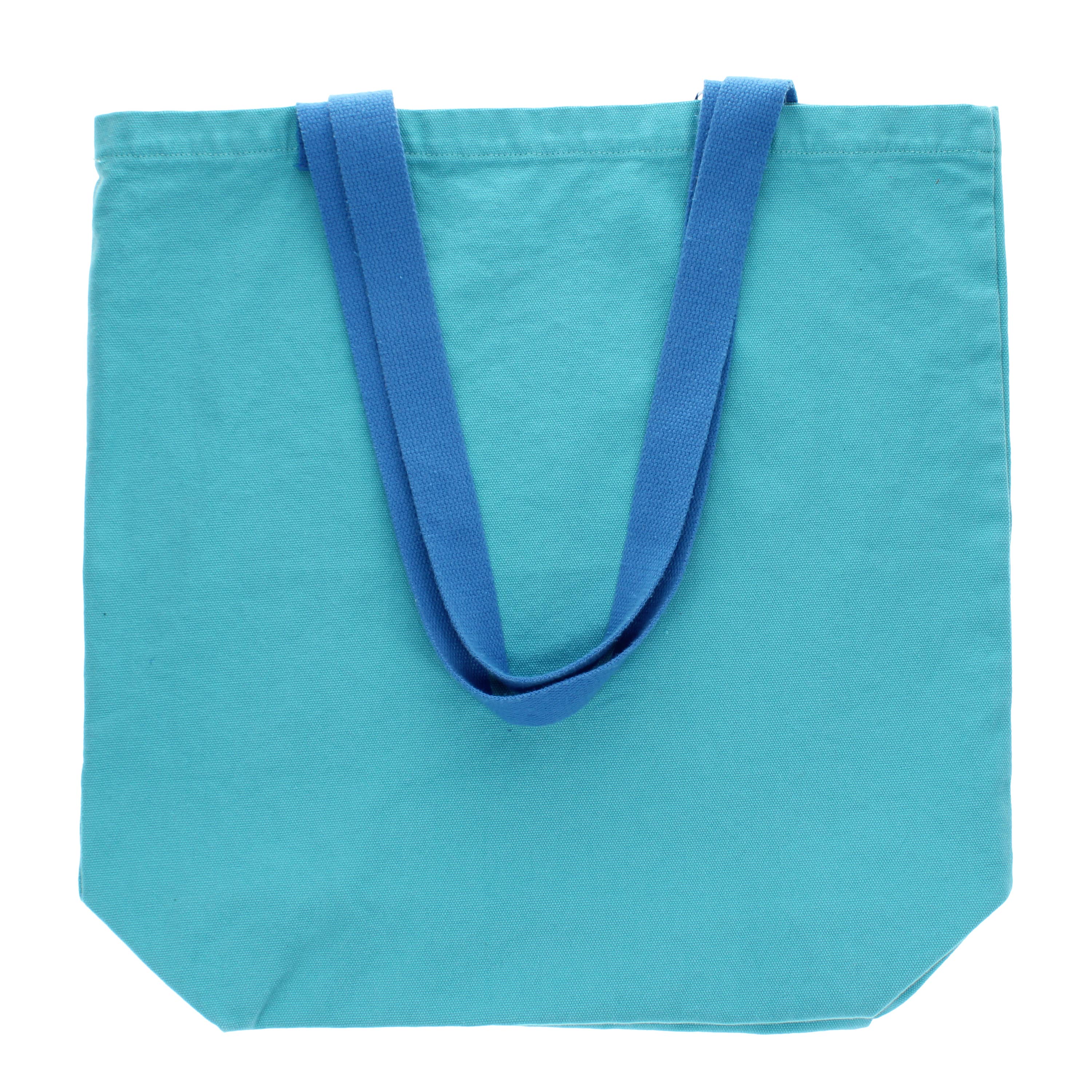 Teal tote bag with blue handles on a white background