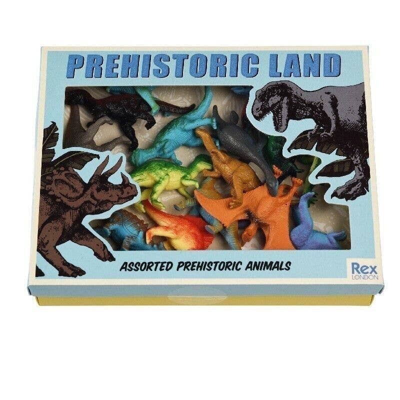 Box of assorted prehistoric animal toys with Rex London branding.