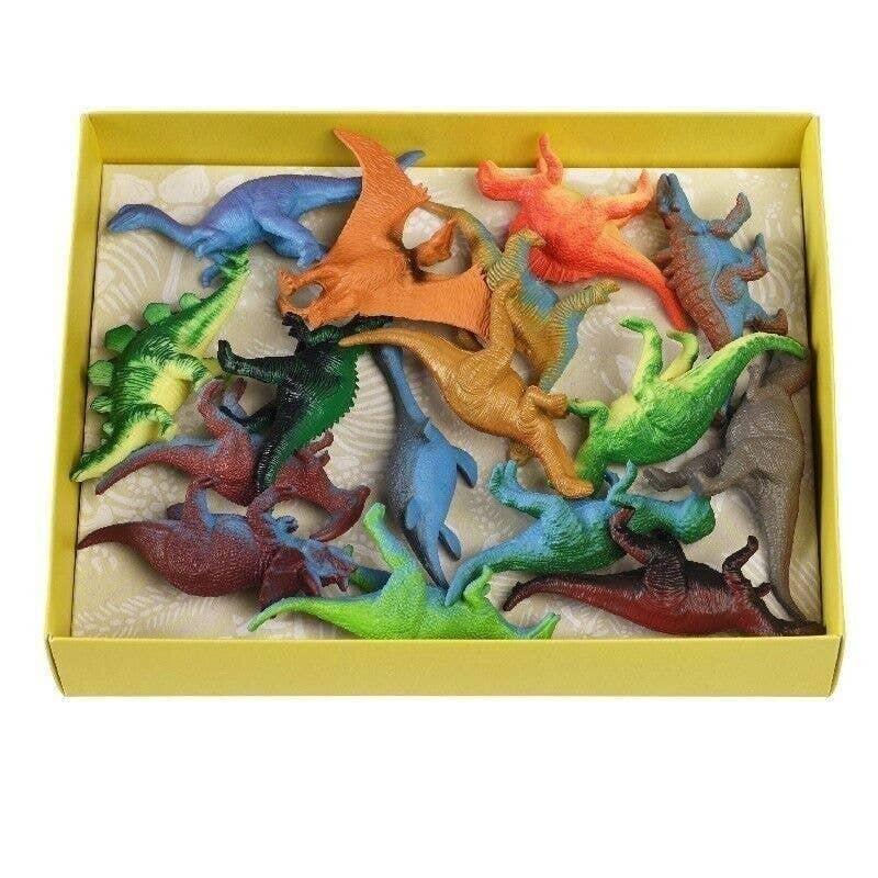 Set of colorful dinosaur figurines in a yellow box