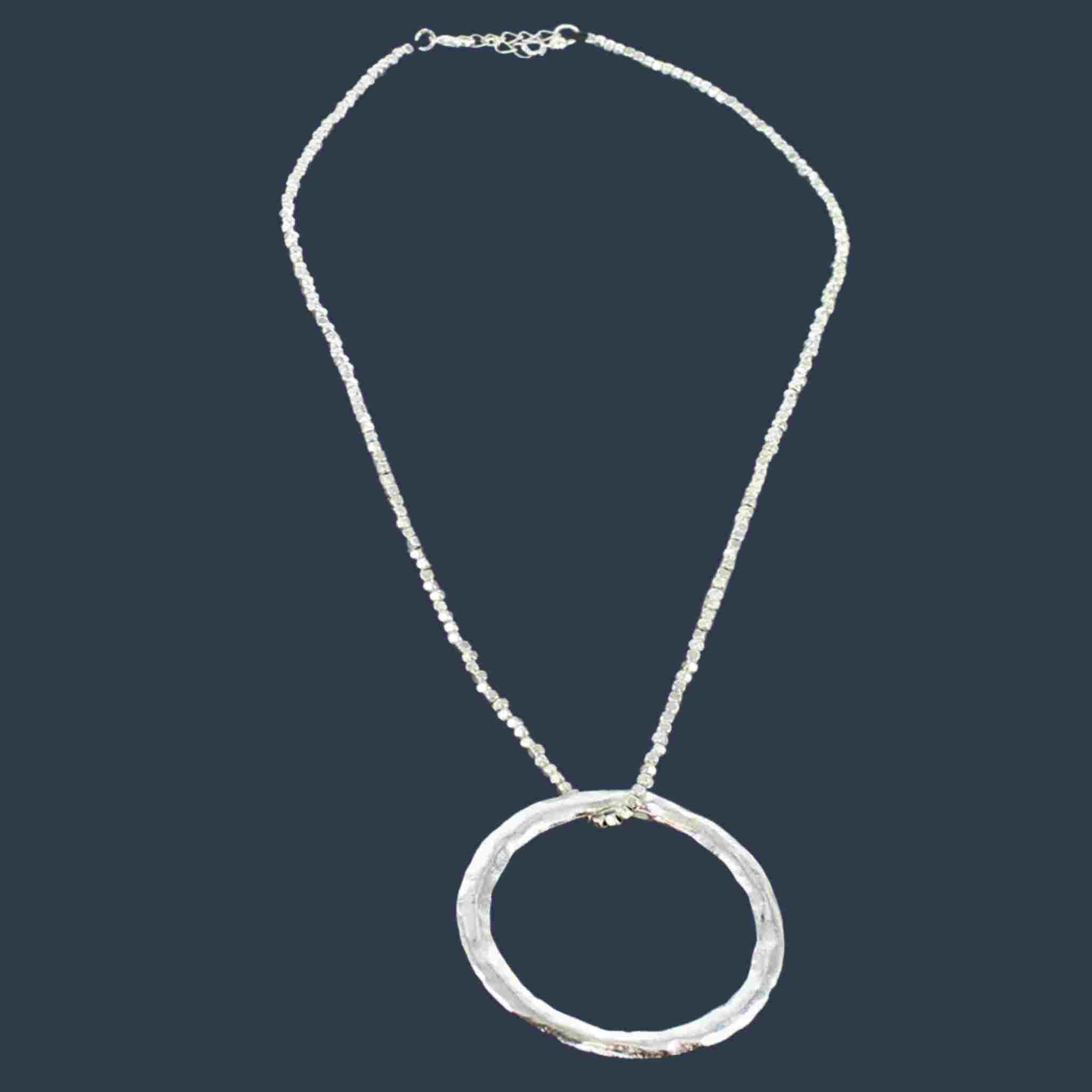 Beaten Ring Necklace with Threaded Silver Chain | Silver-Plate