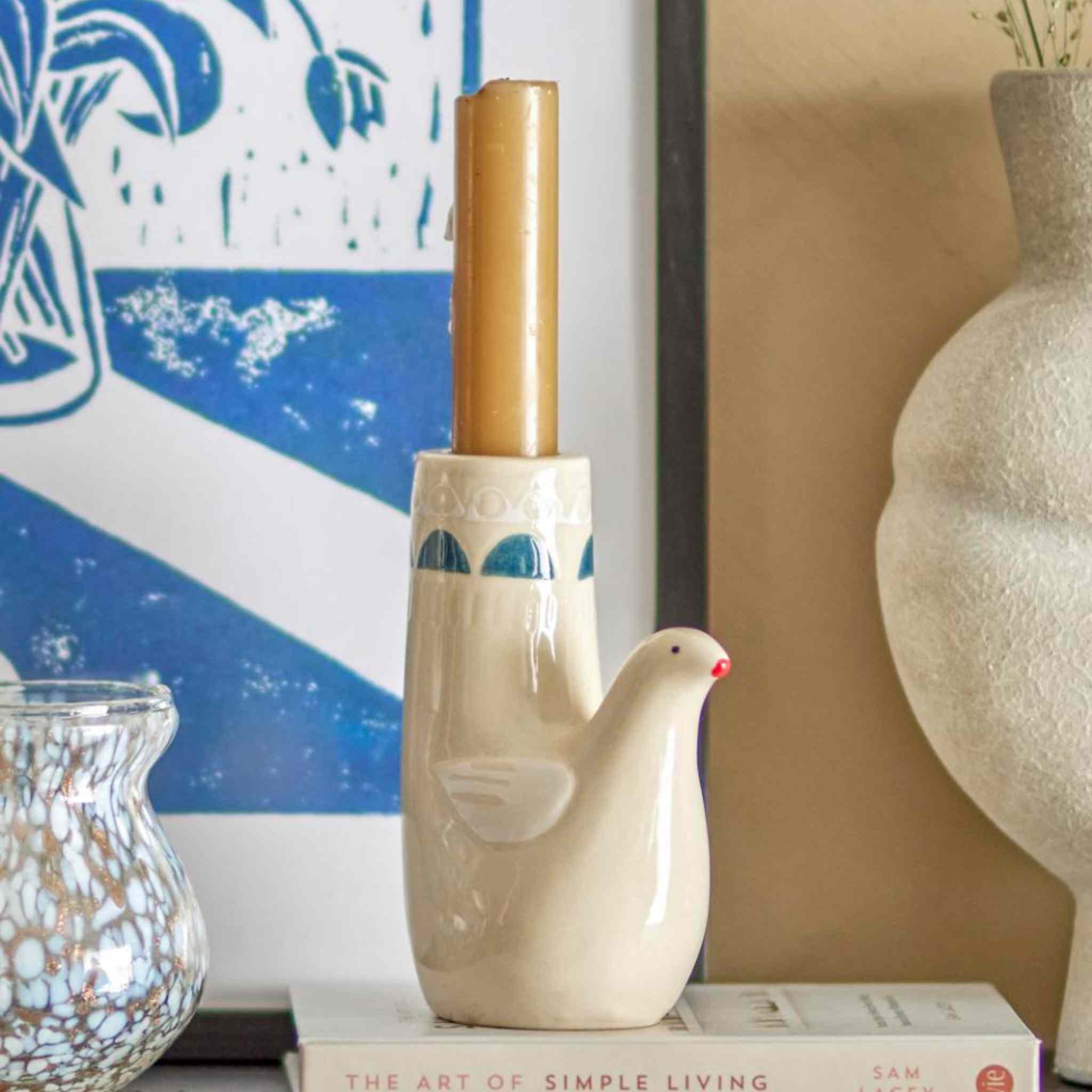 Bird Stoneware Candleholder | White