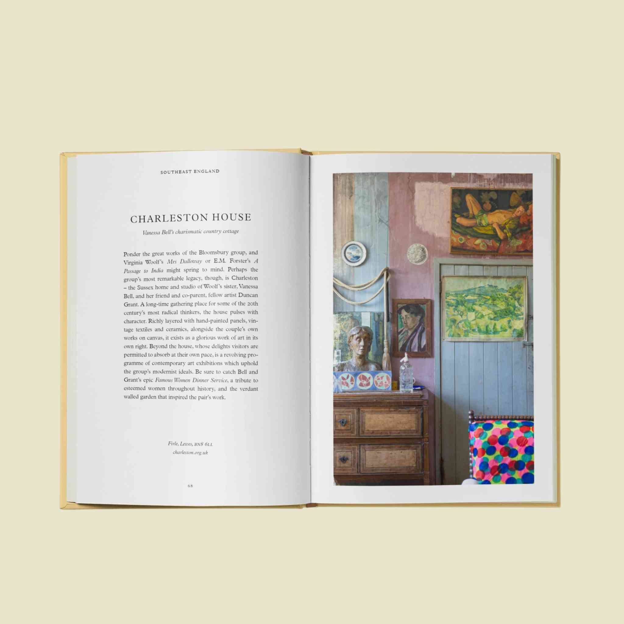 Open book with text and a photograph of a room with paintings and furniture on a light yellow background