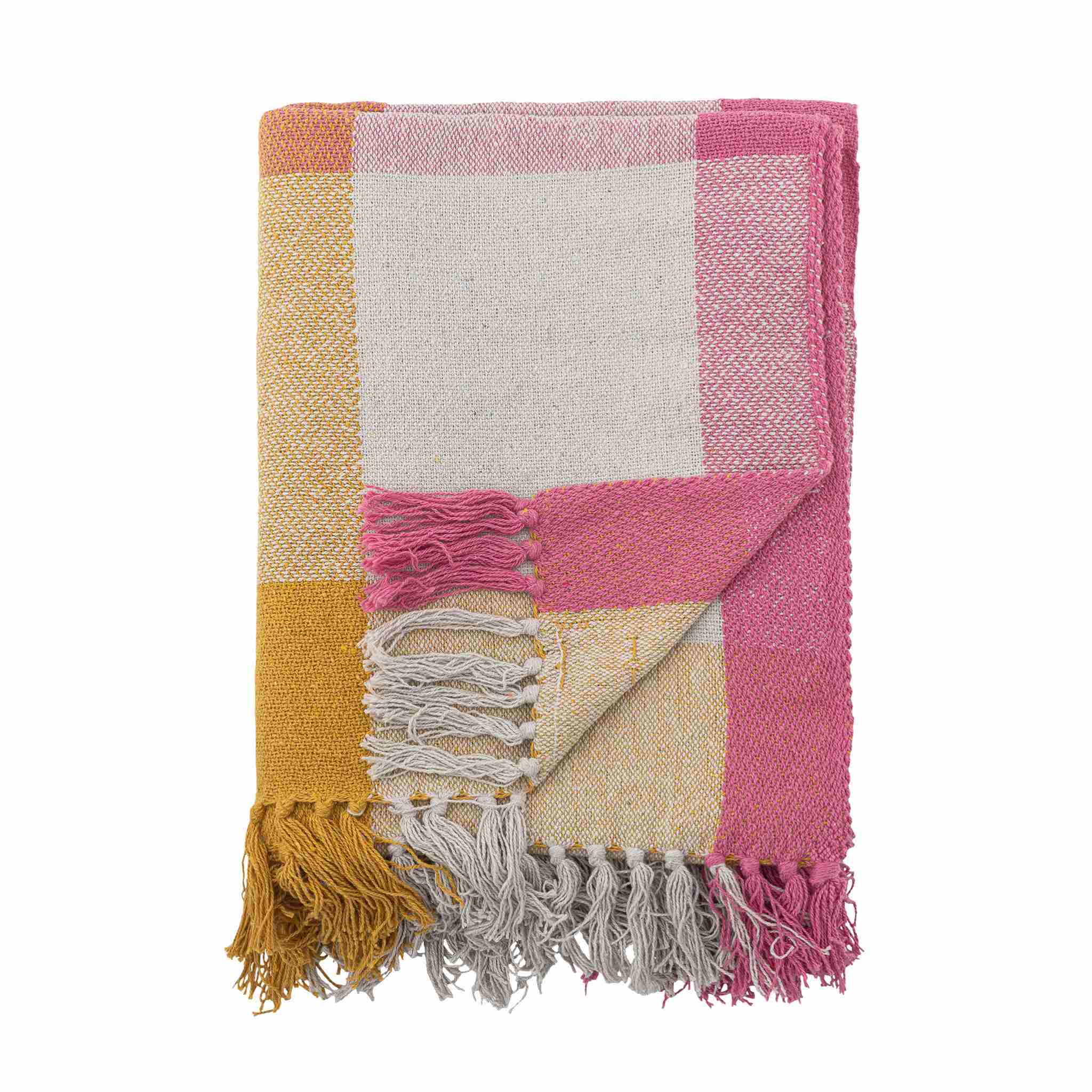 Plaid blanket with colorful pattern and fringes on a white background