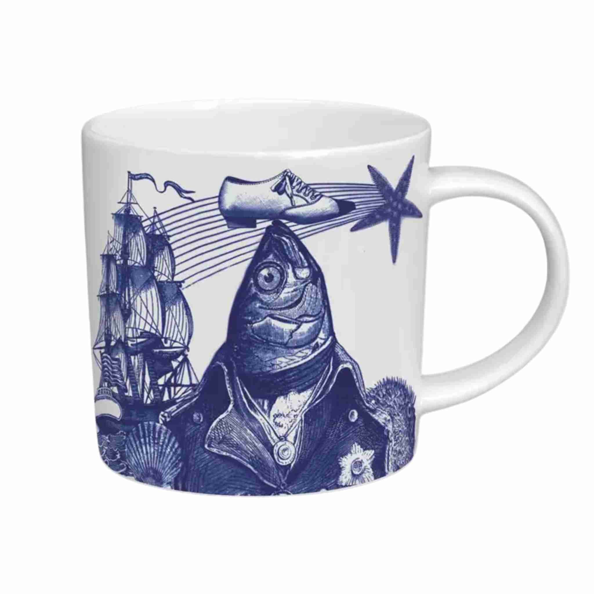 White mug with blue nautical design featuring a fish in a suit and hat, ship, and starfish.