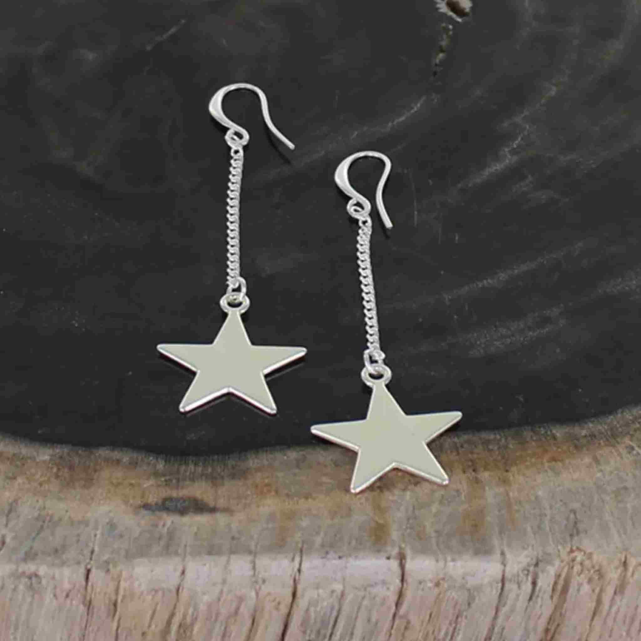 Drop Chain Star Earrings | Silver-Plate