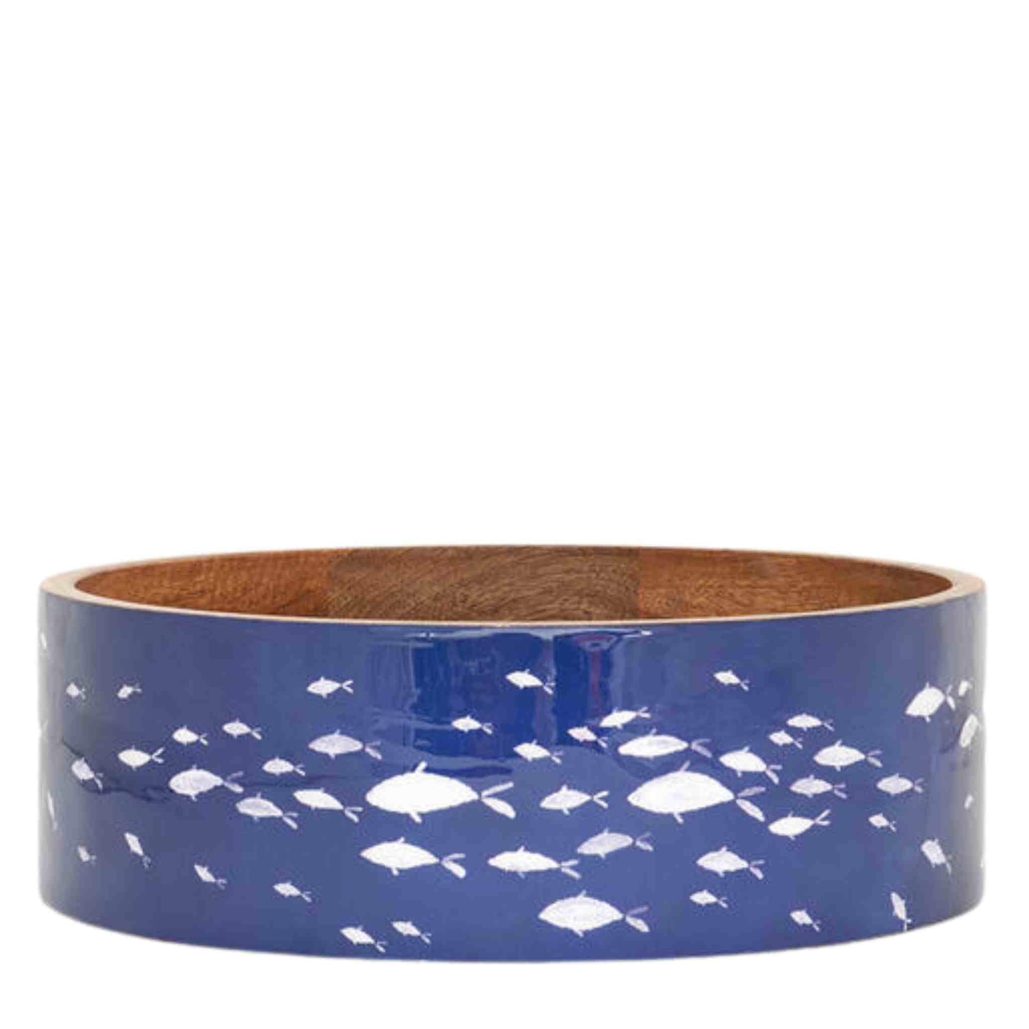 Wooden bowl with blue enamel design with white fish