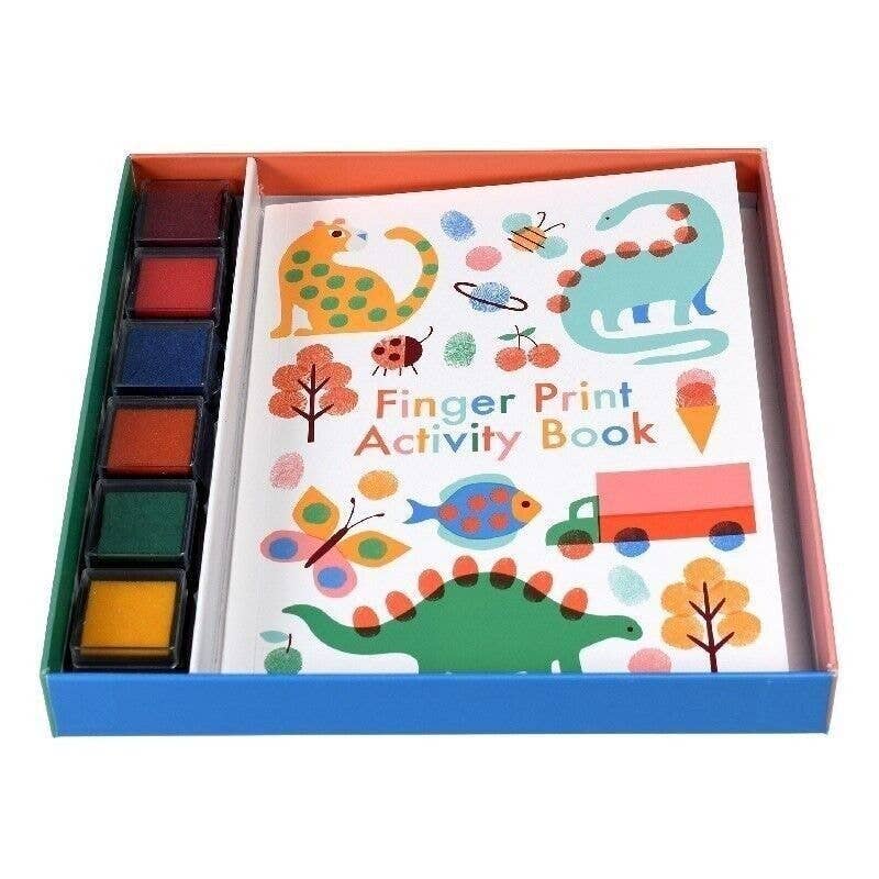 Fingerprint activity book with colorful illustrations and ink pads in a box