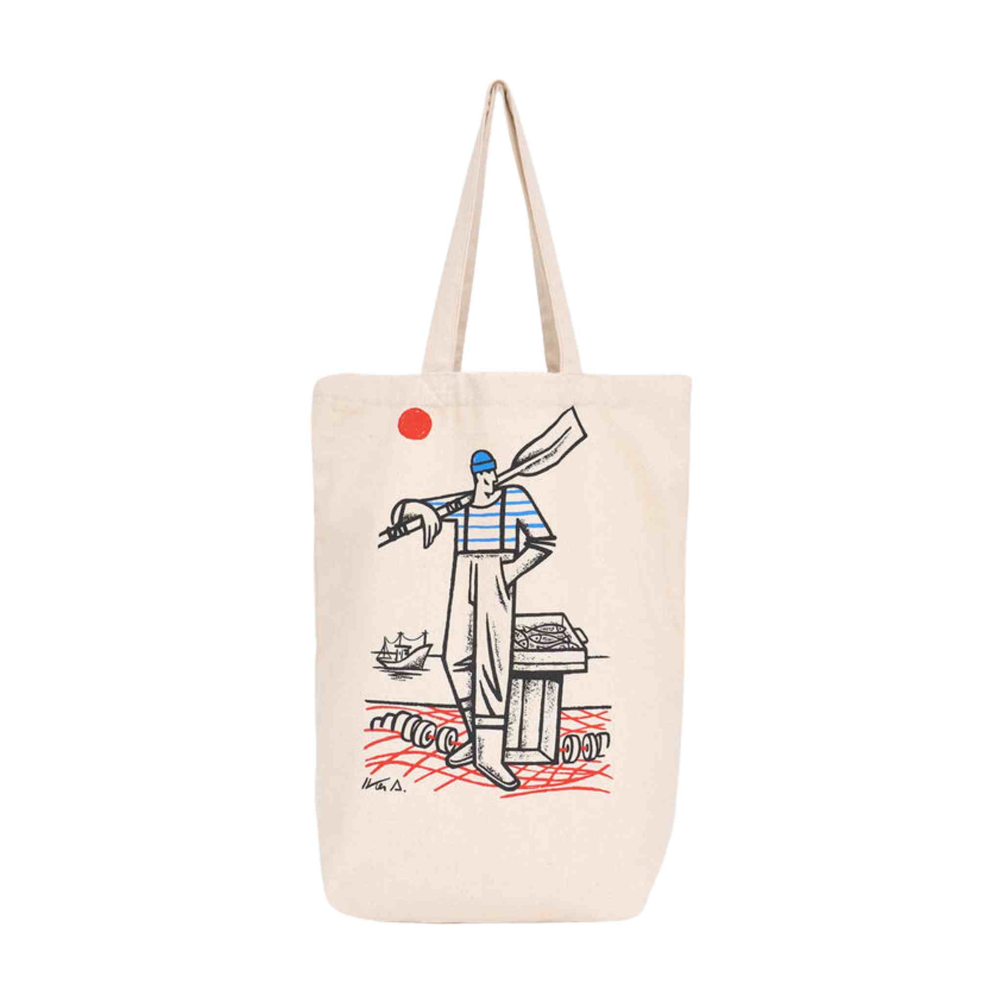 Beige tote bag with a graphic design of a fisherman