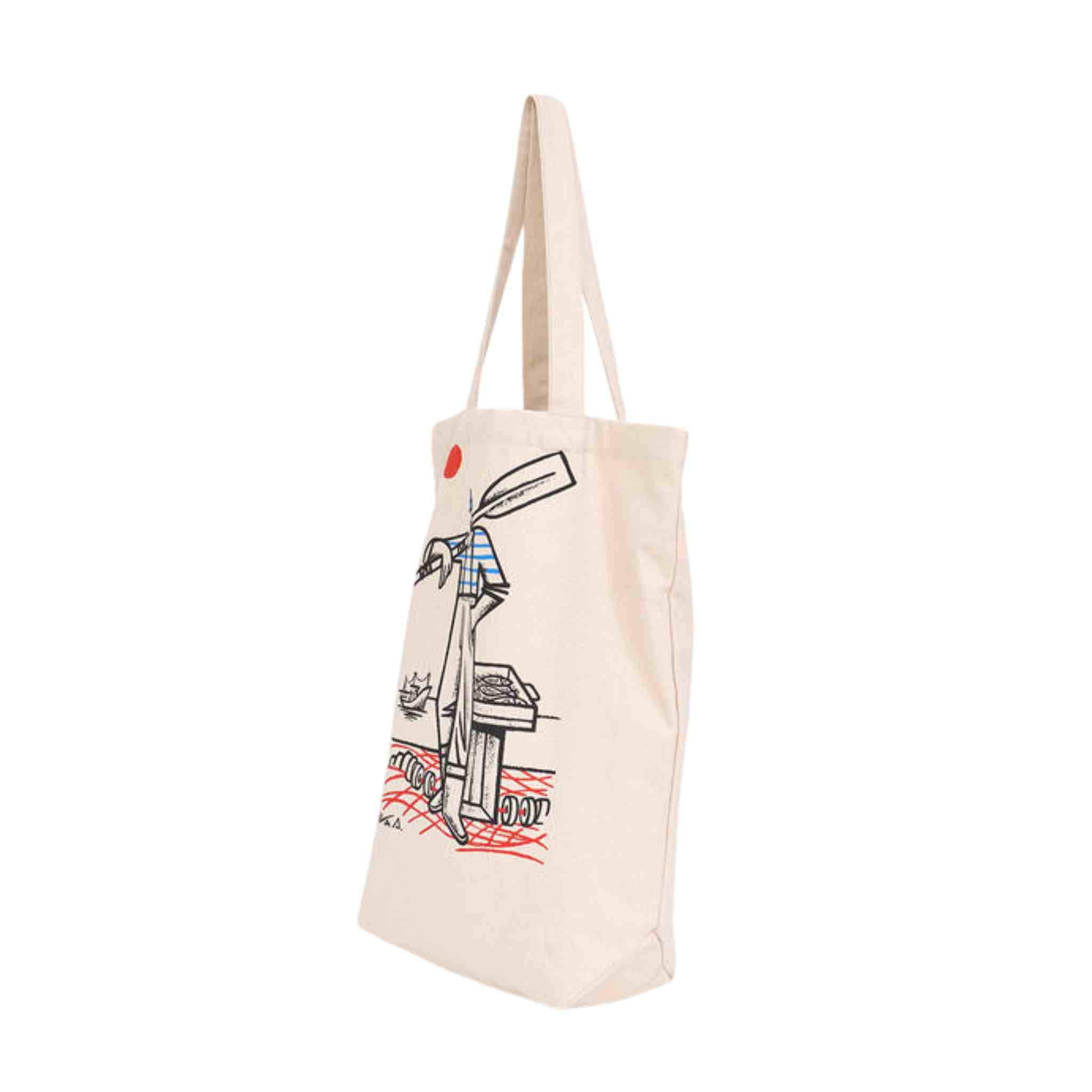 Beige tote bag with a colorful graphic design on a white background