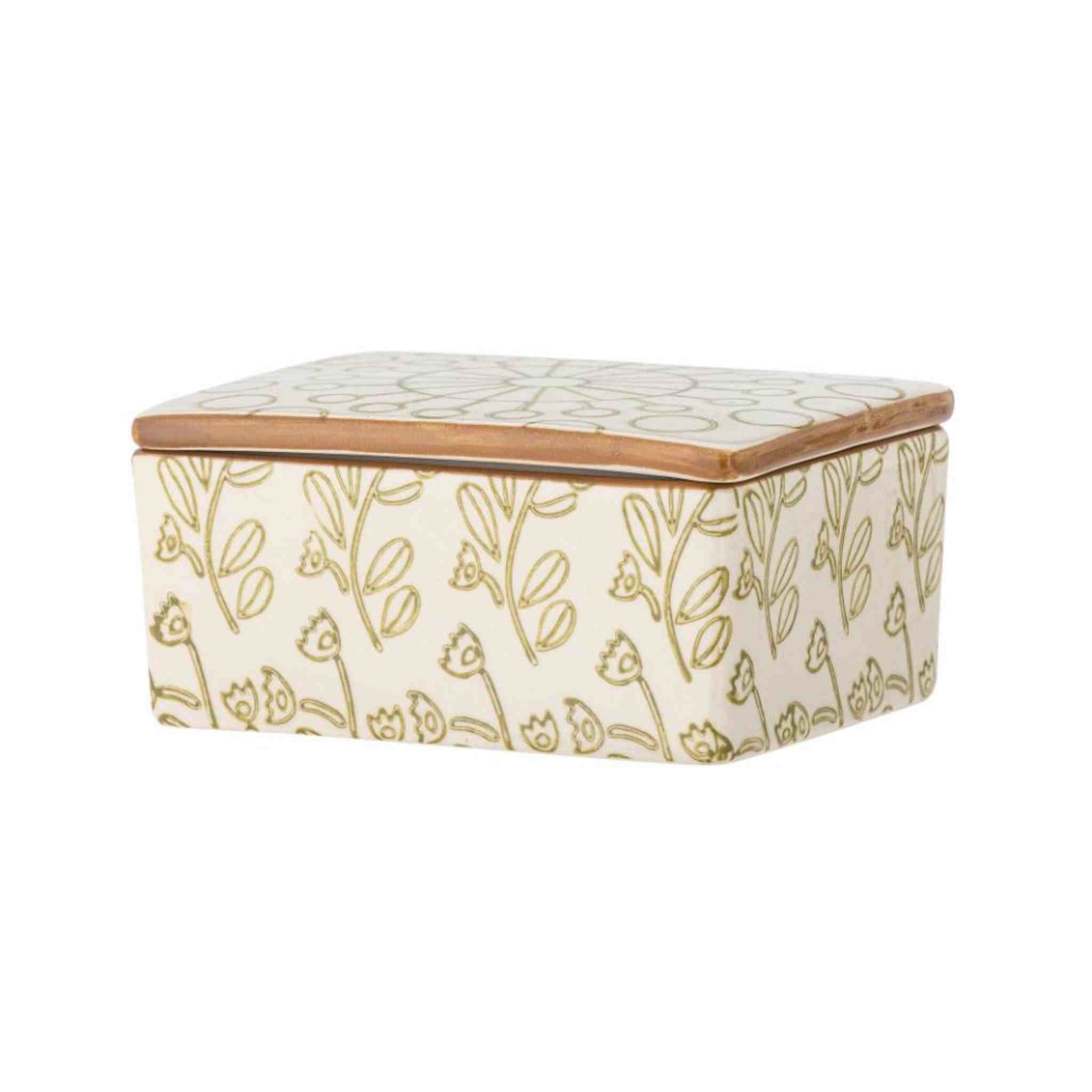 Decorative storage / butter box with floral pattern and wooden lid on a white background