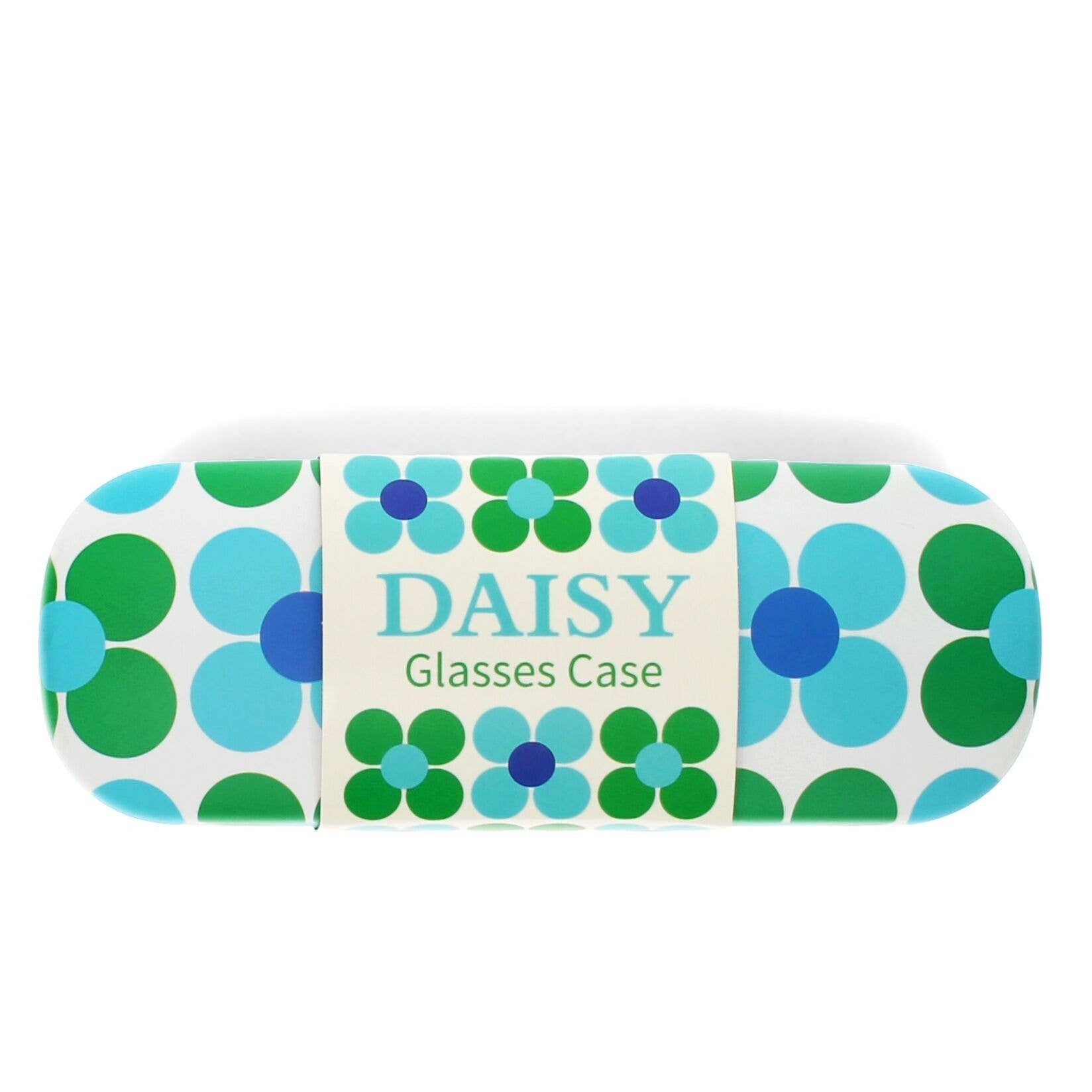 Glasses case with green and blue floral pattern on a white background