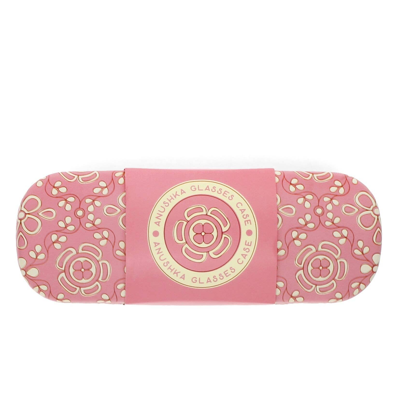 Pink glasses case with floral patterns and 'Anushka Glasses Care' branding on a white background
