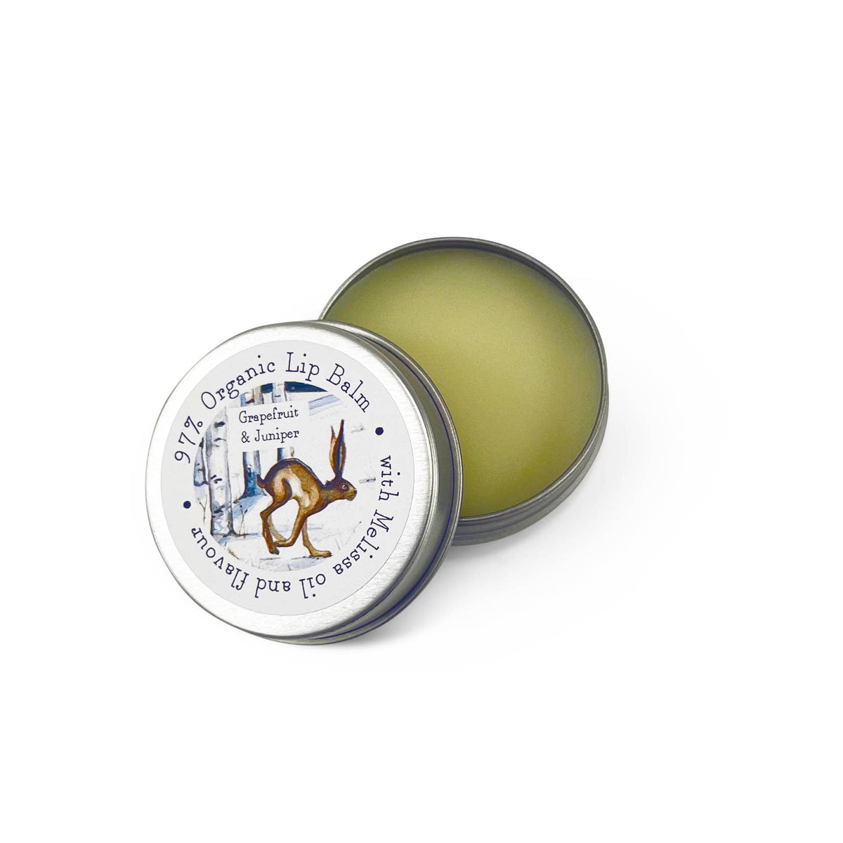 Tin of organic Grapefruit & Juniper Lip Balm | Hare Illustration
