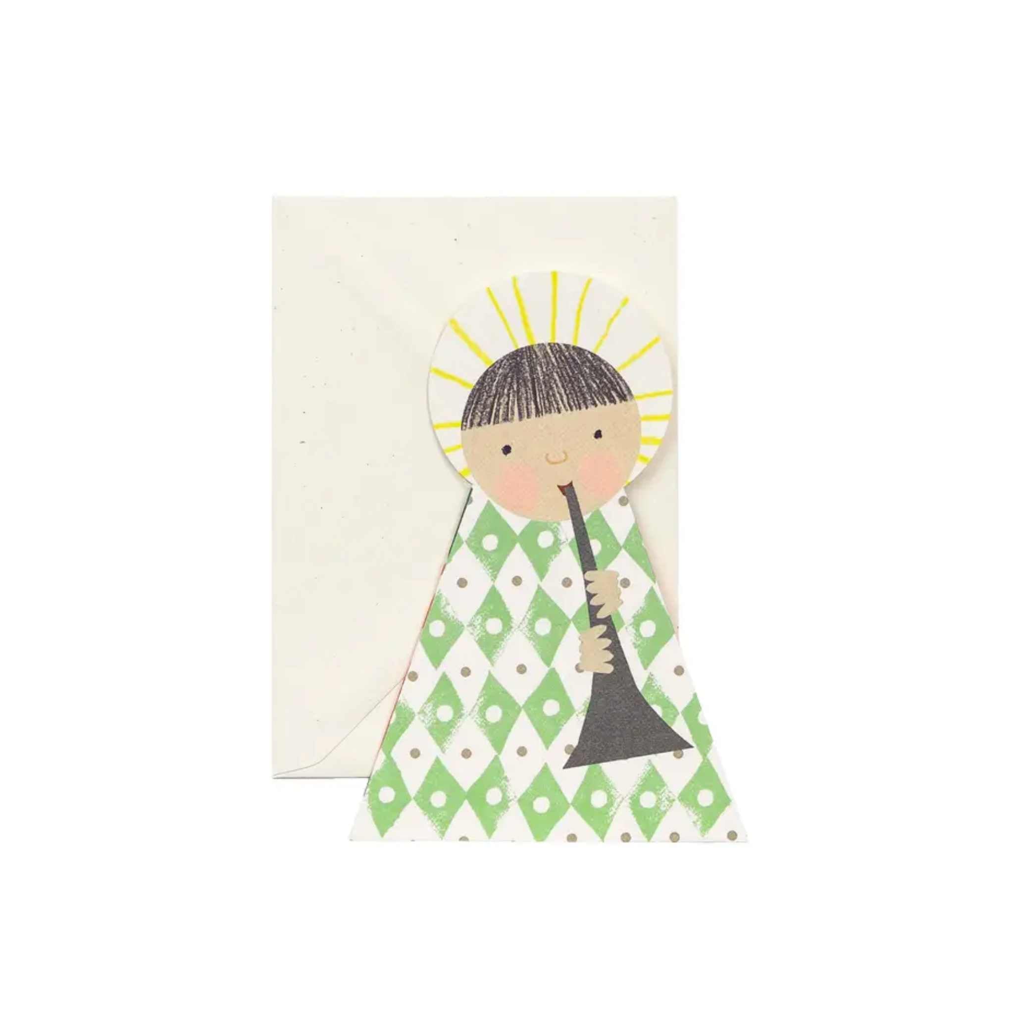 Card with a stylized illustration of an angel playing a clarinet on a white background