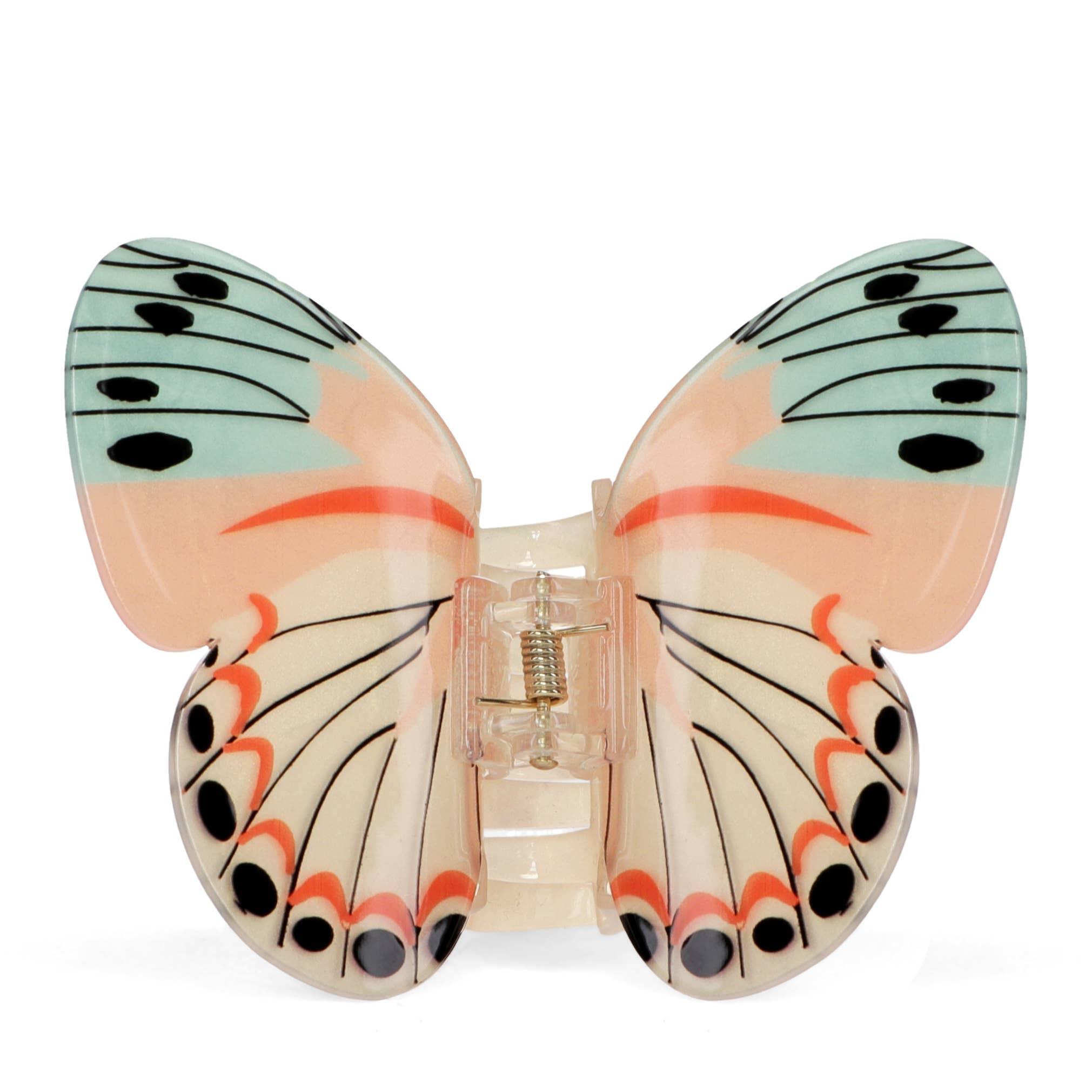 Butterfly-shaped hair clip with colorful wings on a white background