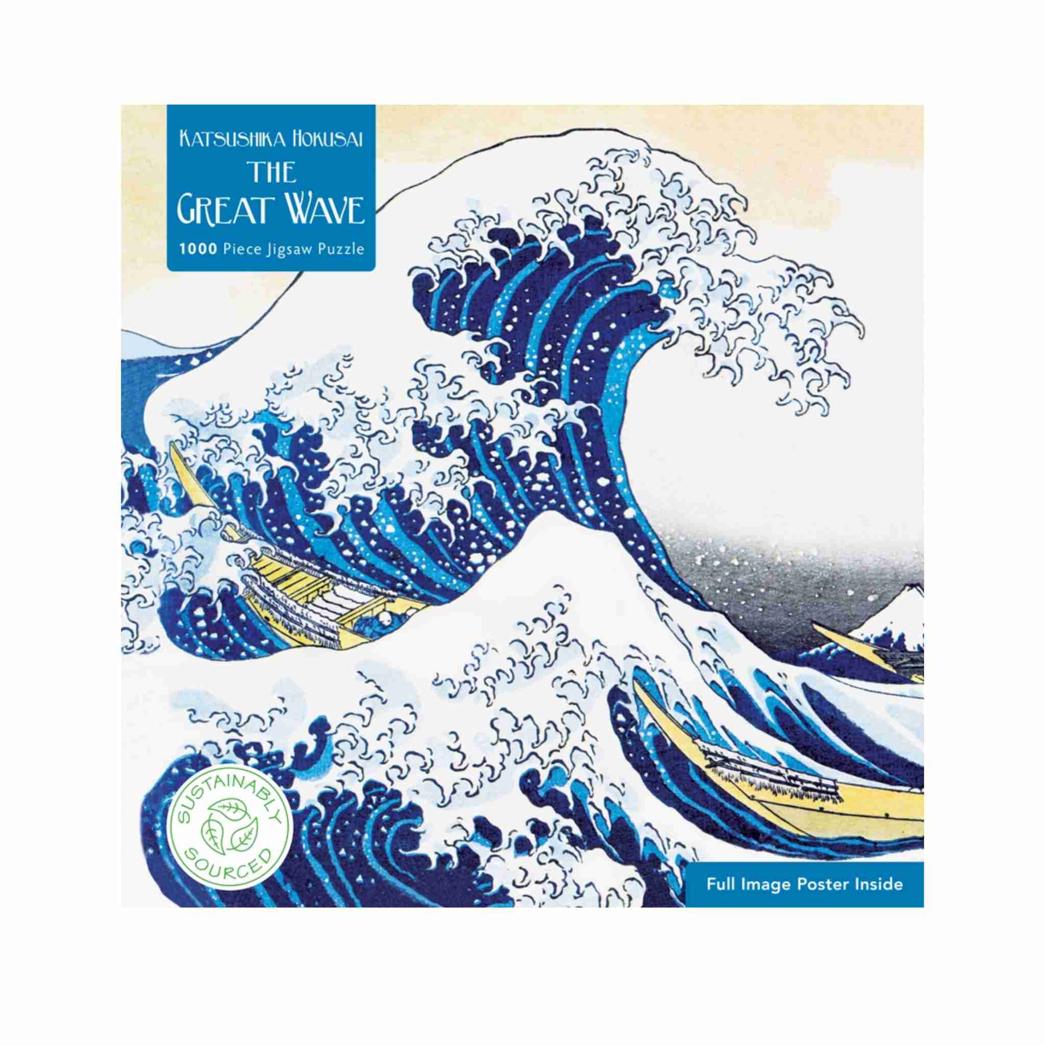 A 1000-piece jigsaw puzzle box featuring Hokusai's 'The Great Wave' artwork. The packaging shows a blue and white wave illustration with small yellow boats