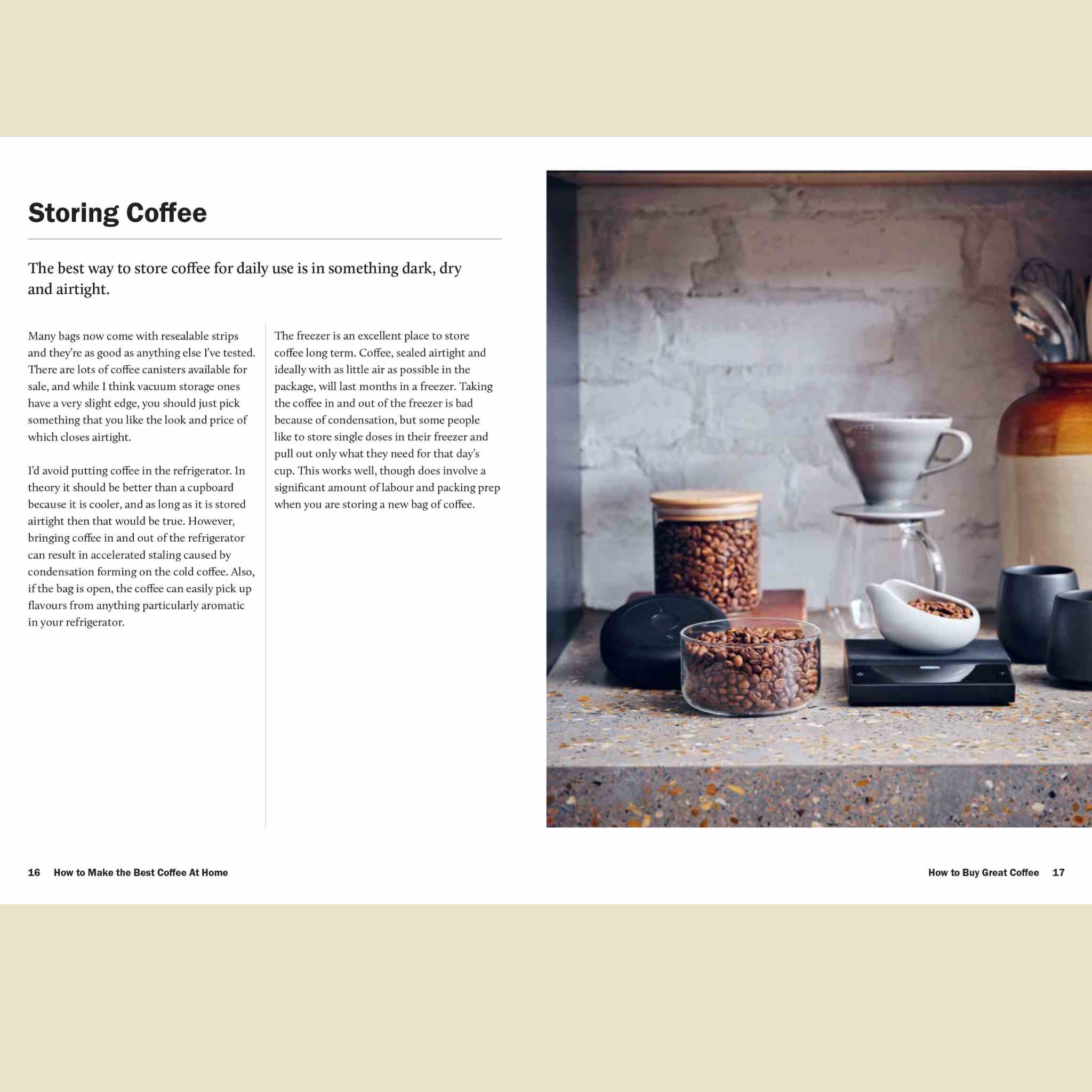 Page from a book or magazine about storing coffee with text on the left and a photo of coffee-making equipment on the right.