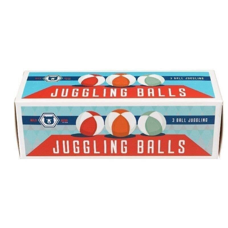 Box of juggling balls with colorful balls on a white background