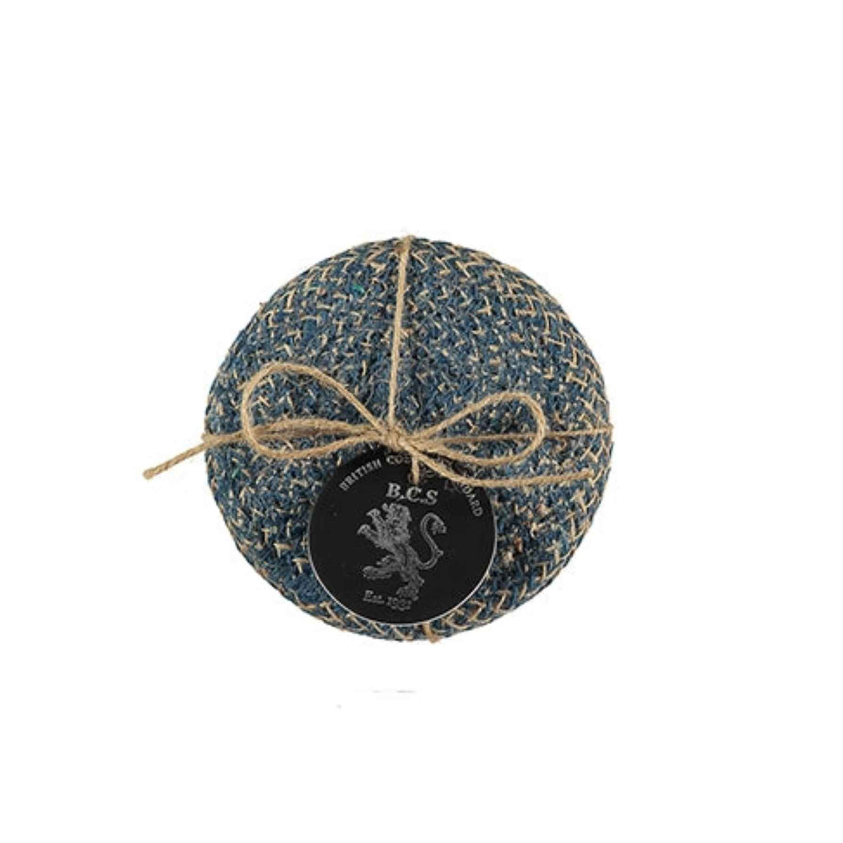 A round, textured blue coaster wrapped in natural jute twine with a black circular label featuring a silver lion logo.