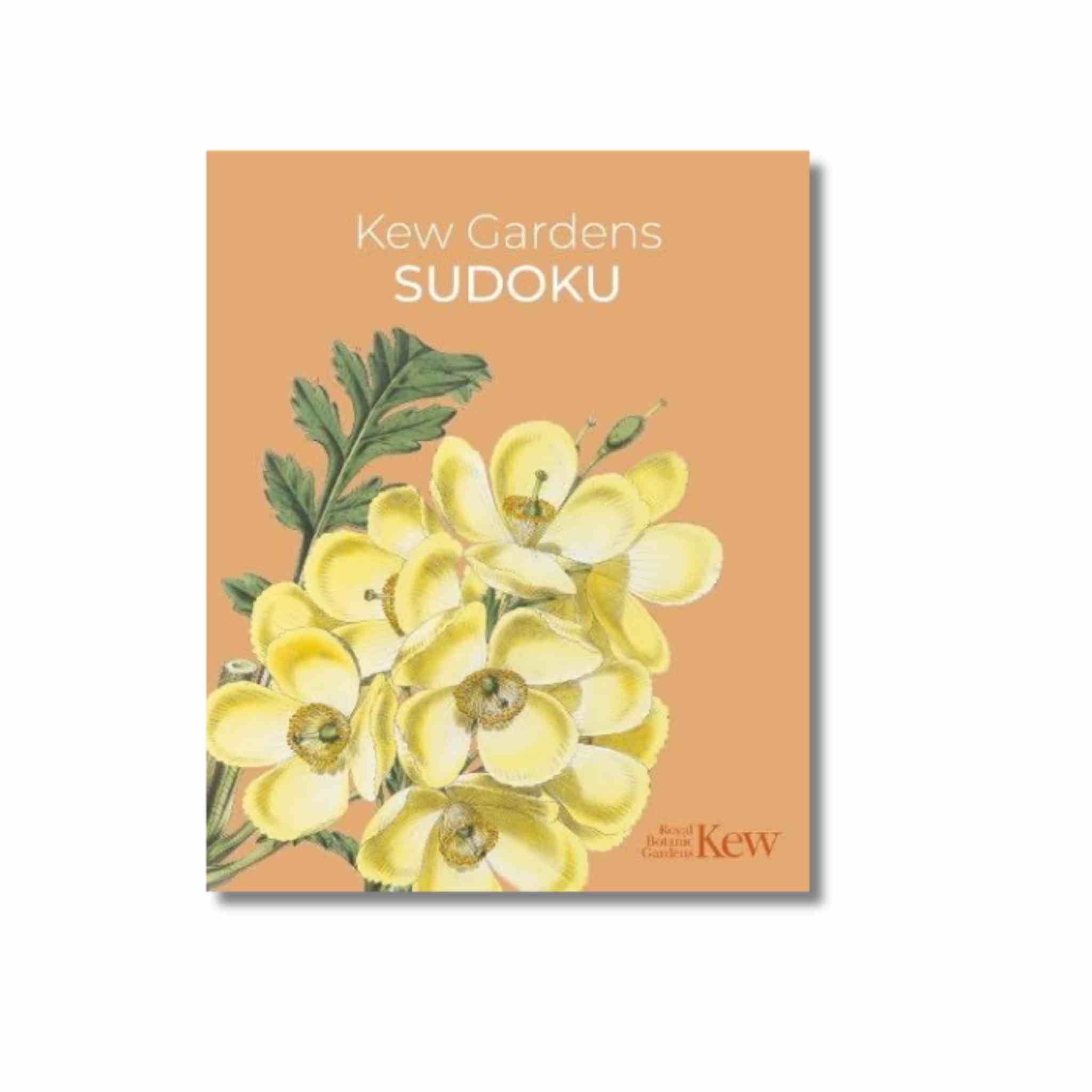 Kew Gardens Sudoku book cover with yellow flowers on a peach background
