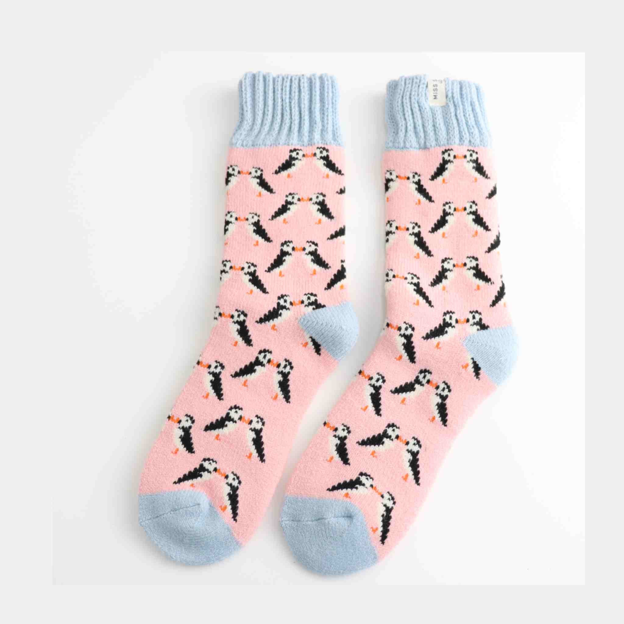 Kissing Puffins Winter Socks | Dusky Pink