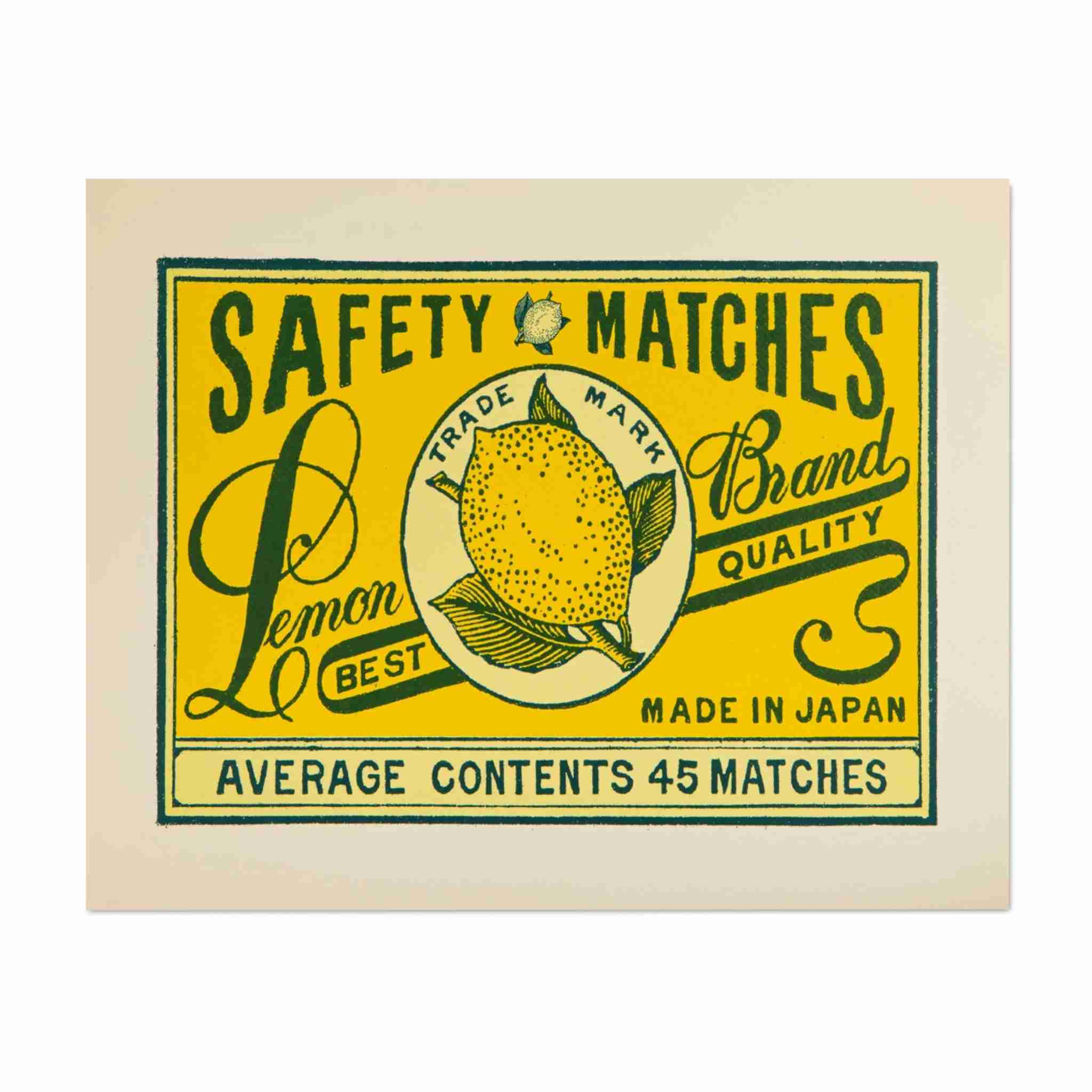 Vintage-style matchbox label with lemon illustration and text on a beige background