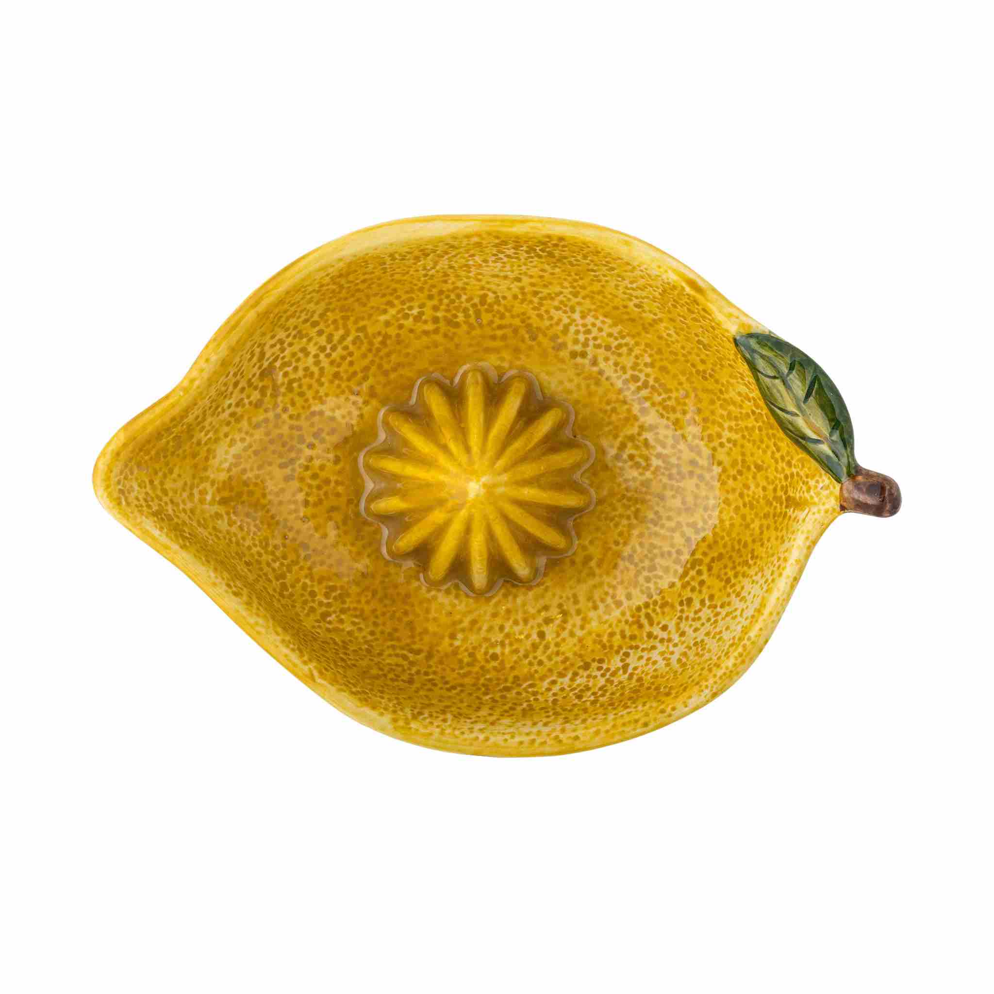 Yellow lemon with a green leaf on a white background