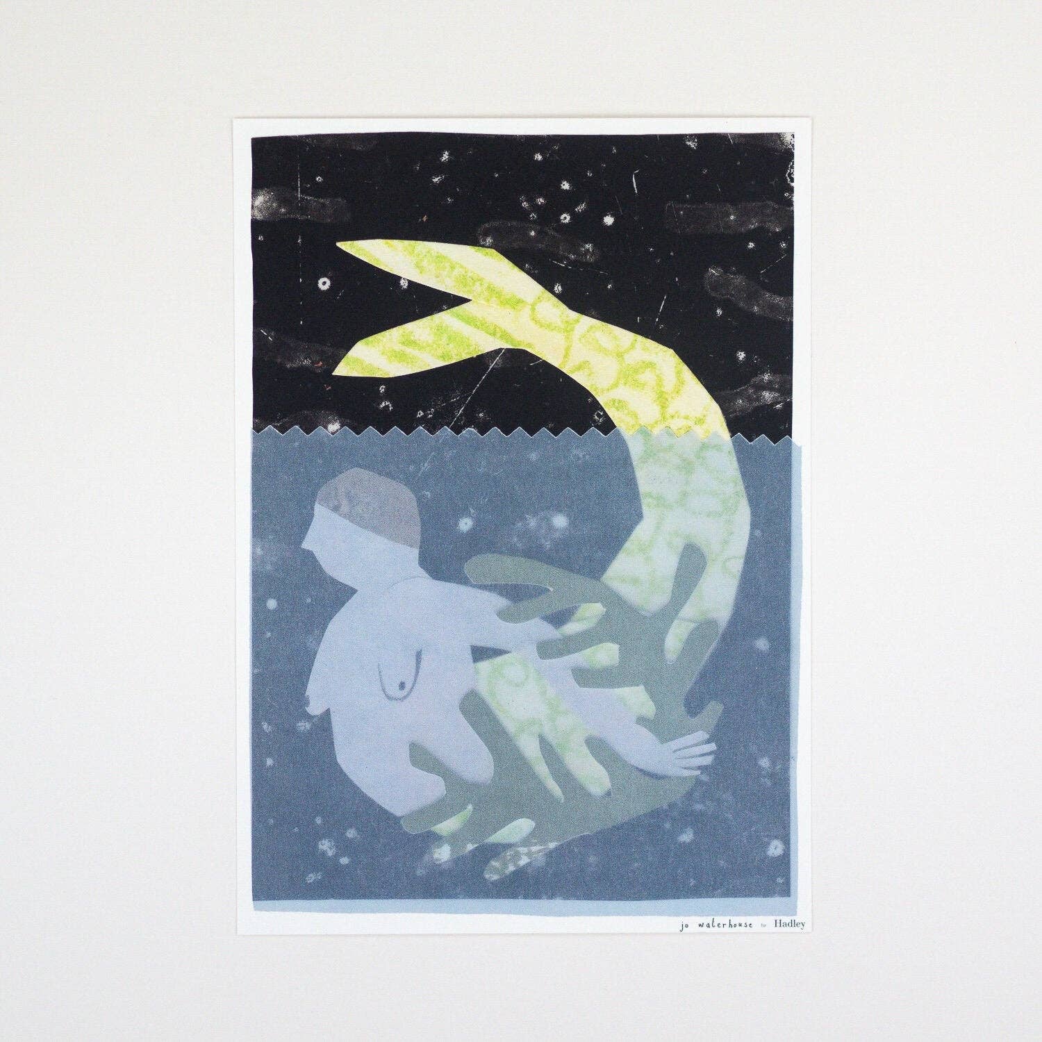 Illustration of a mermaid with a yellow tail and a person underwater on a starry night background.