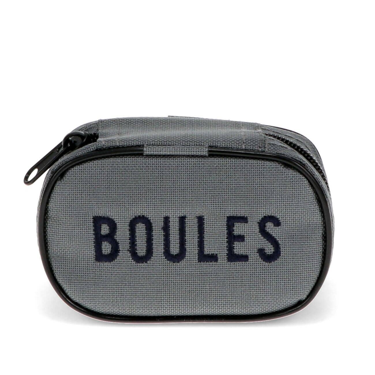 Gray carrying case with 'BOULES' text on a white background