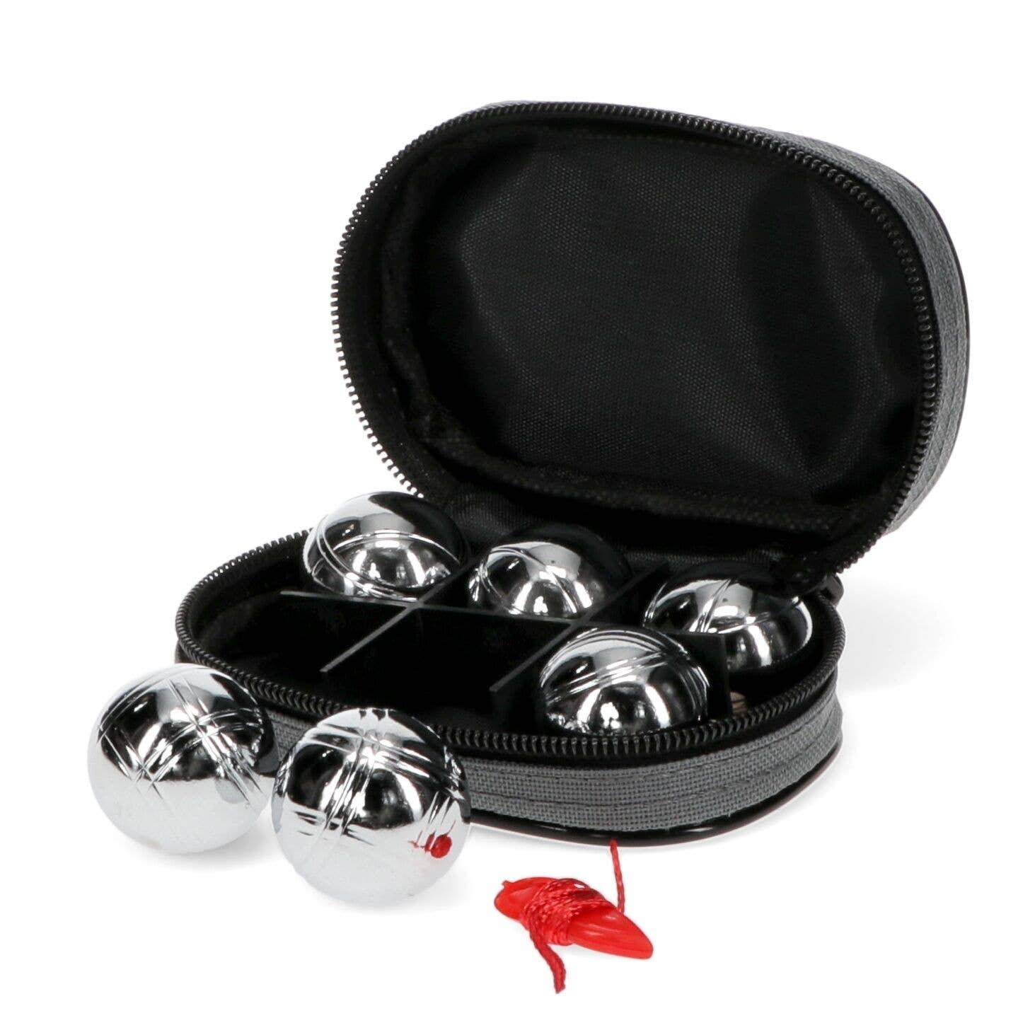Set of metallic boules with carrying case on a white background