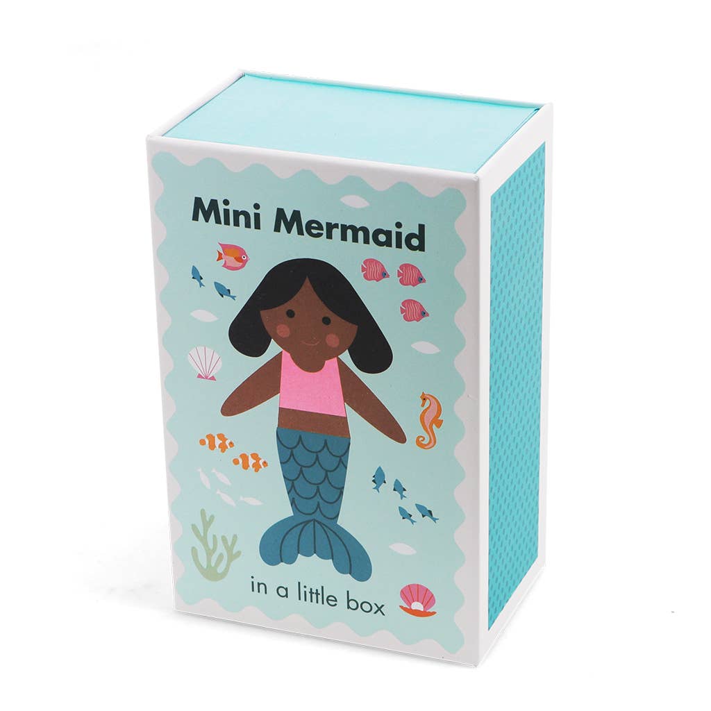 Box with a mermaid illustration and text 'Mini Mermaid in a Little Box' on a white background