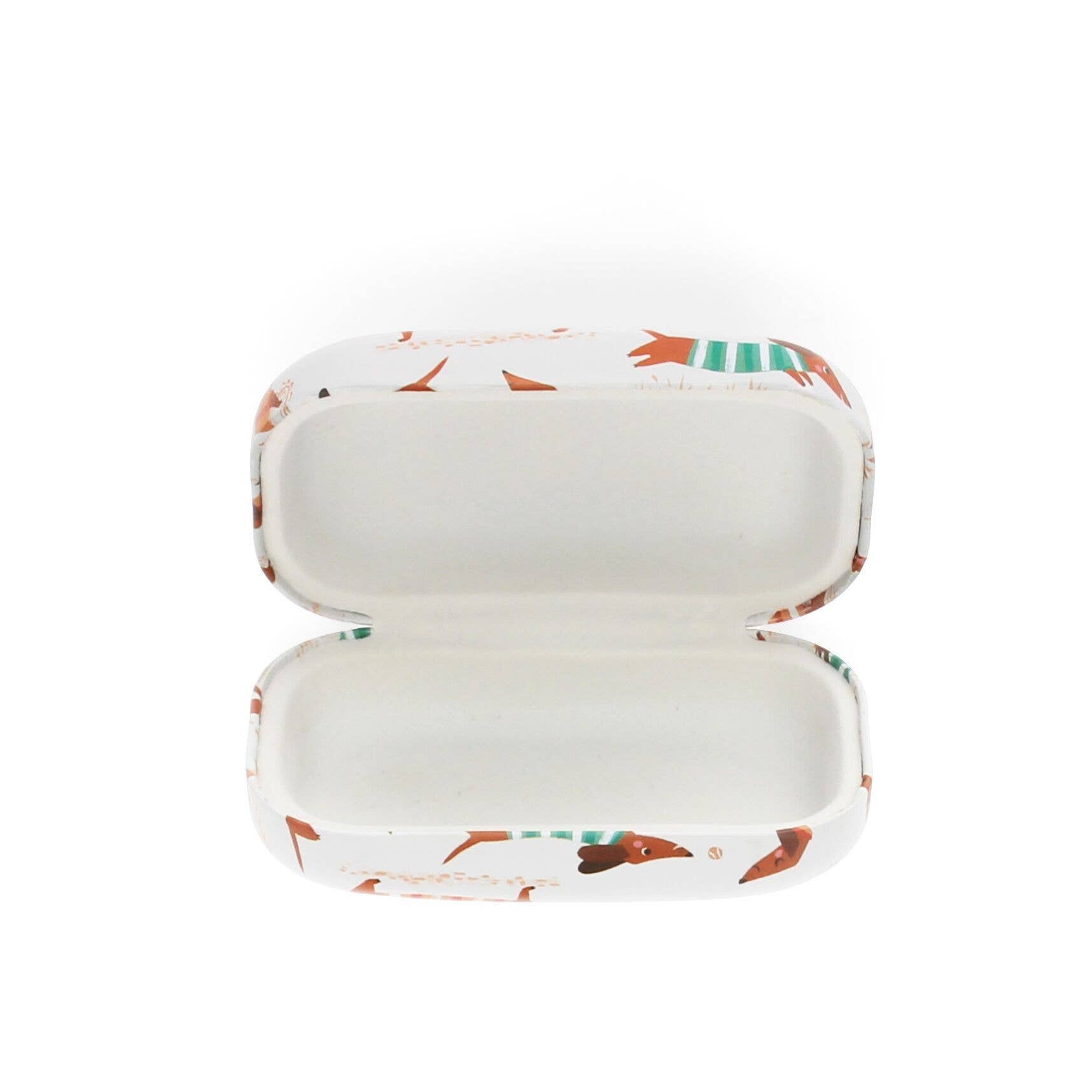Small, open container with a fox pattern on a white background