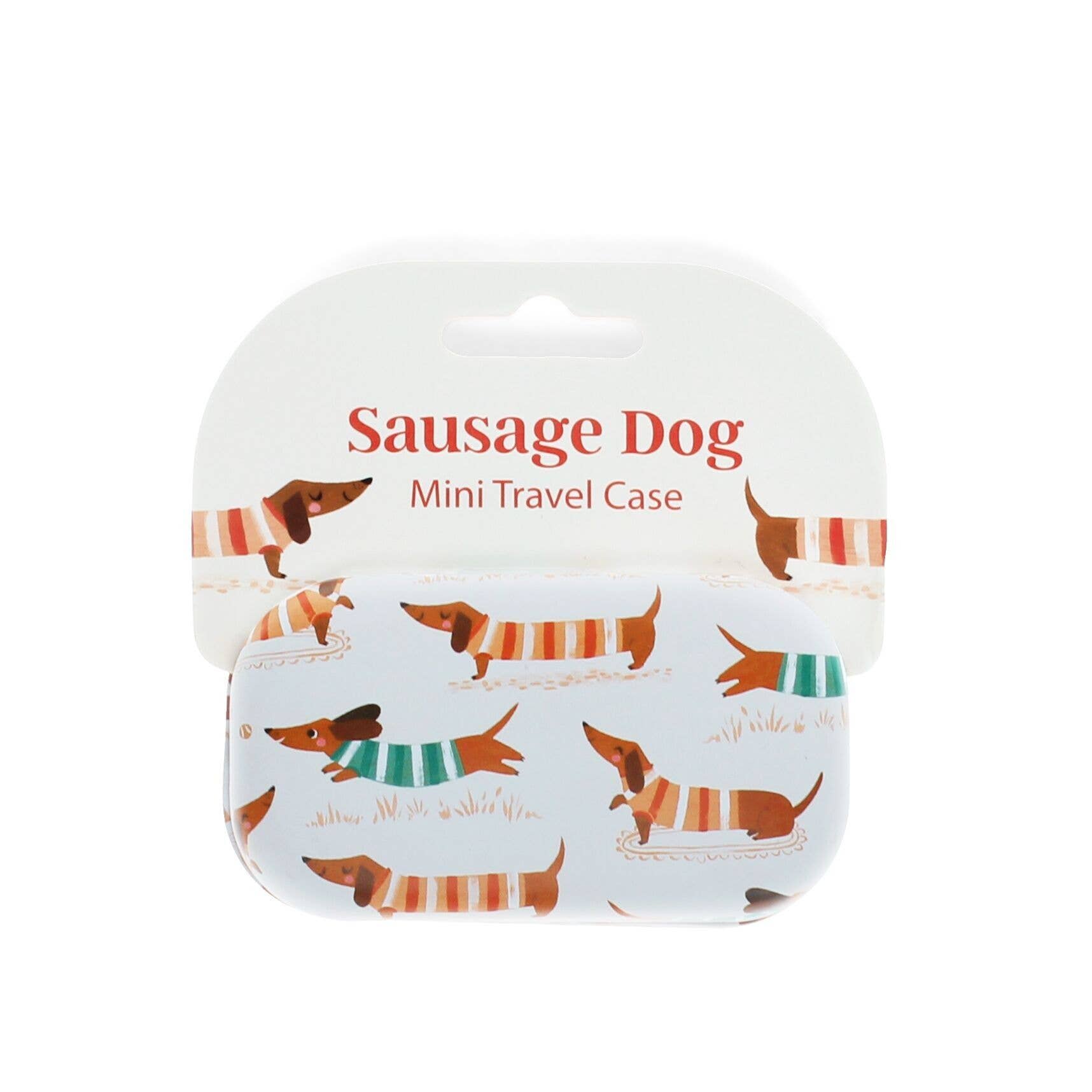 Sausage dog-themed mini travel case on a white background