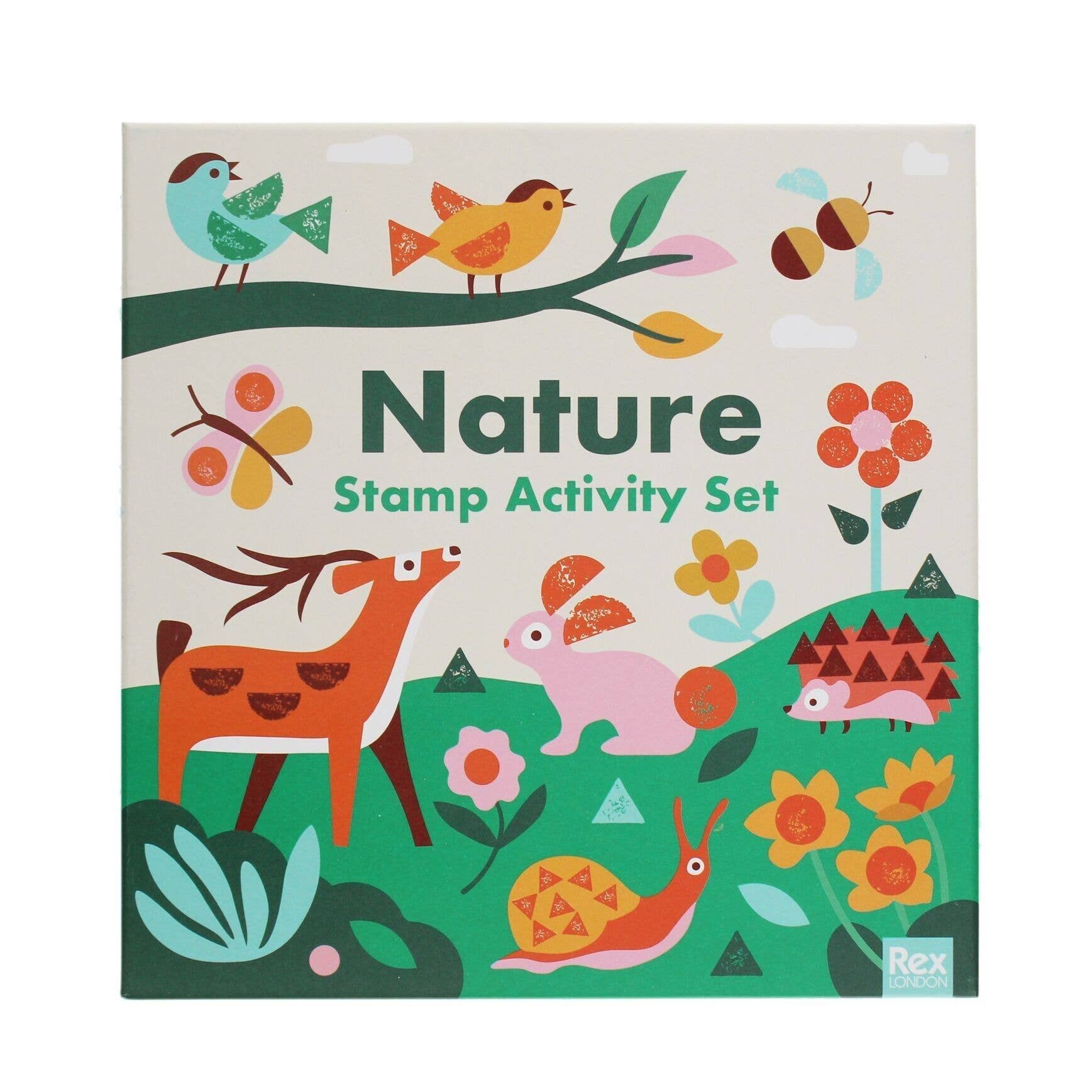 Nature Stamp Activity Set with colorful animals and plants on a beige background