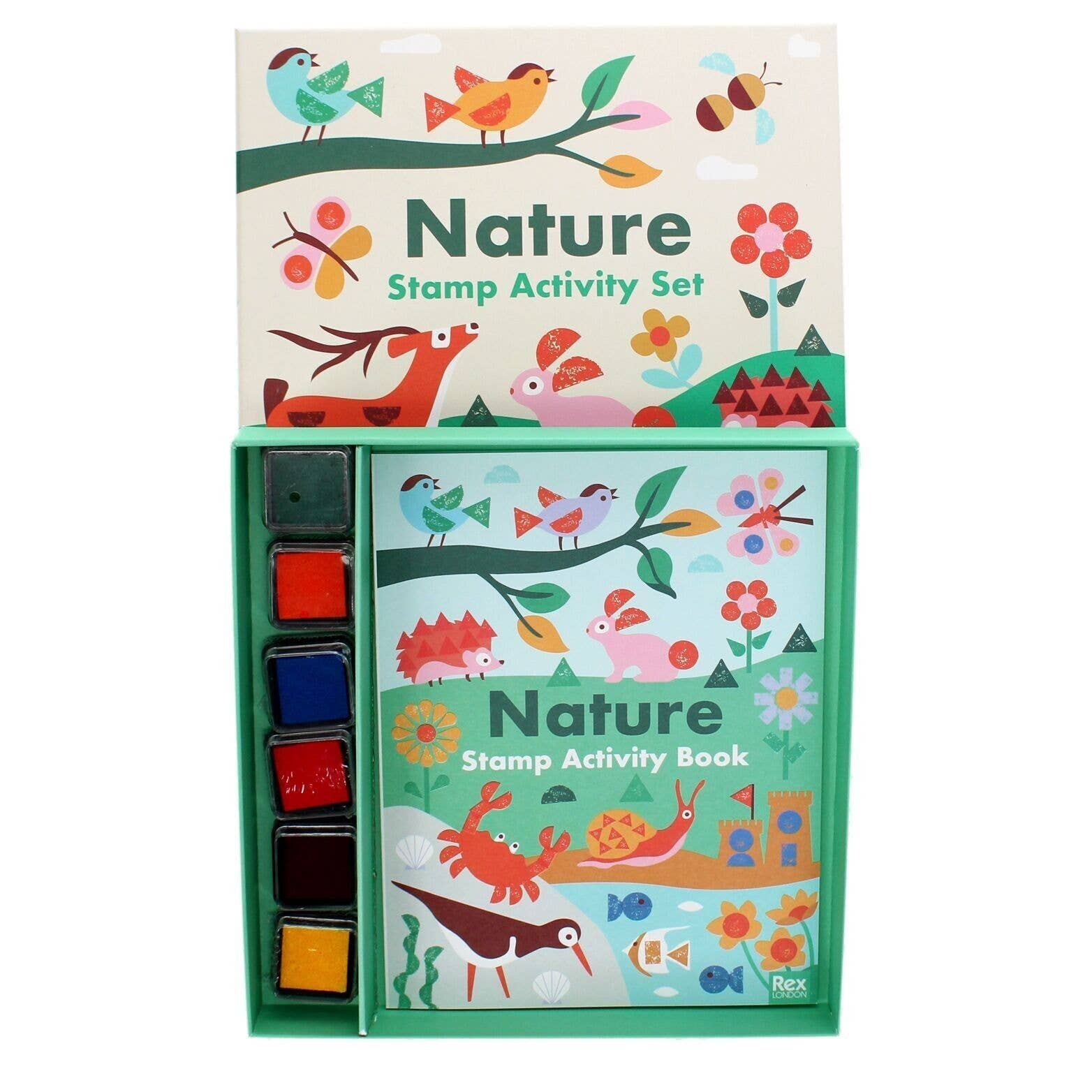 Nature Stamp Activity Set with colorful stamps and book on a white background