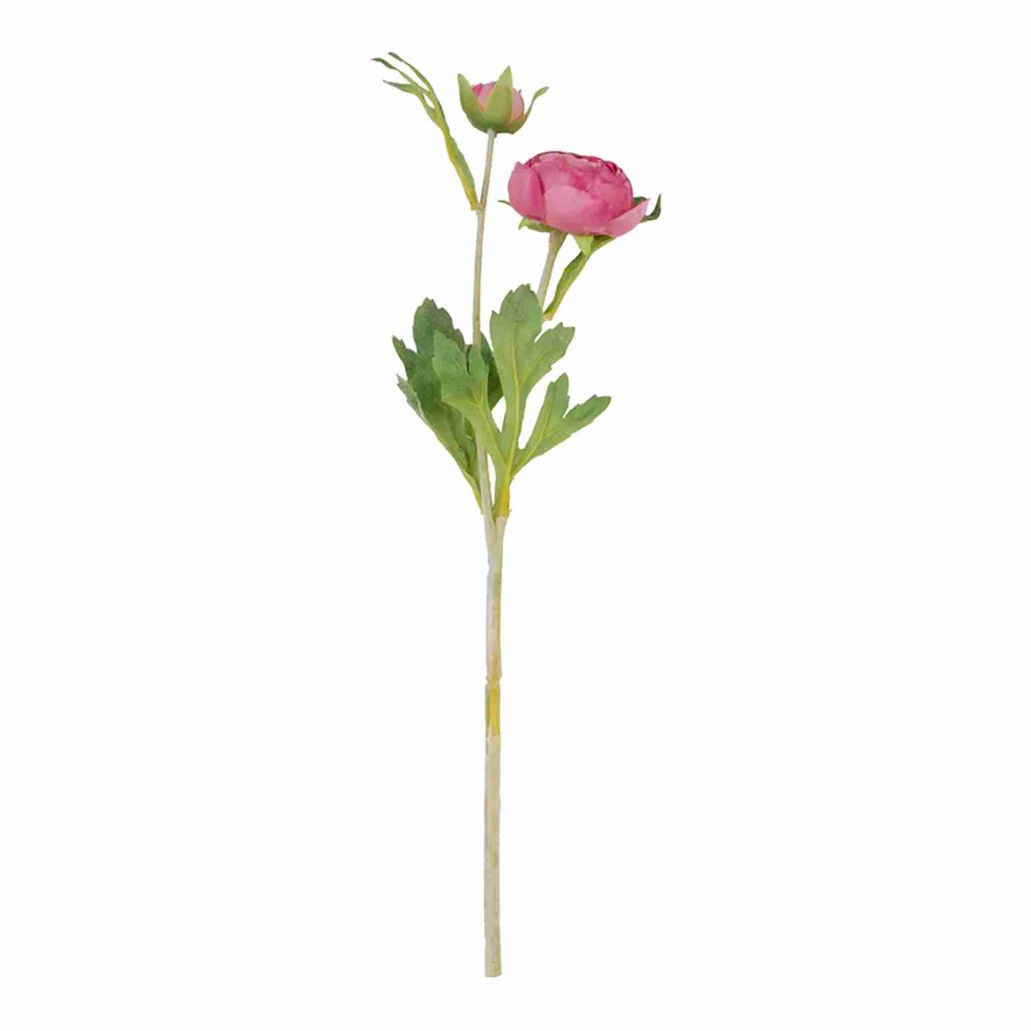 Artificial flower stem with a pink bloom and green leaves on a white background