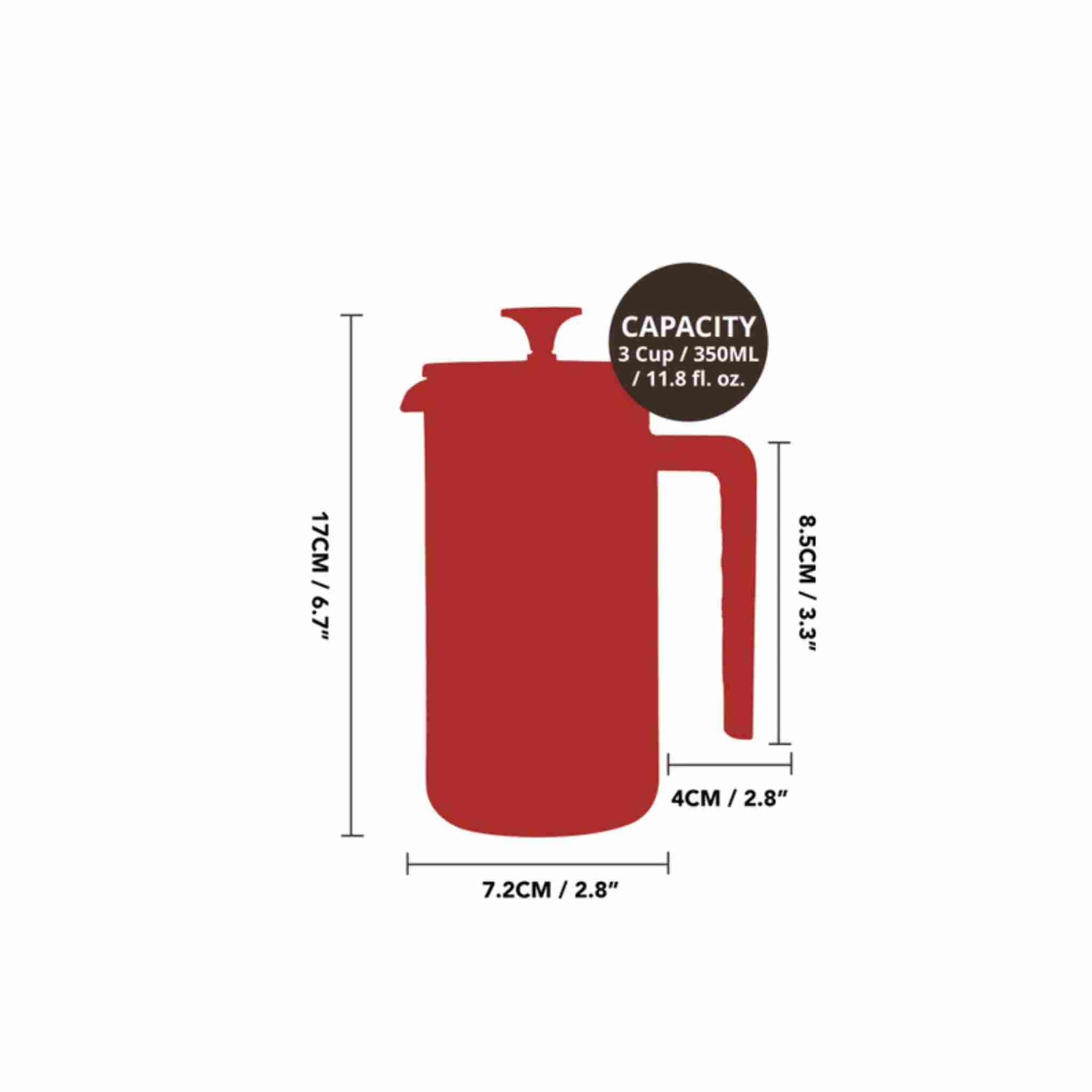 Red French press with dimensions and capacity details on a white background