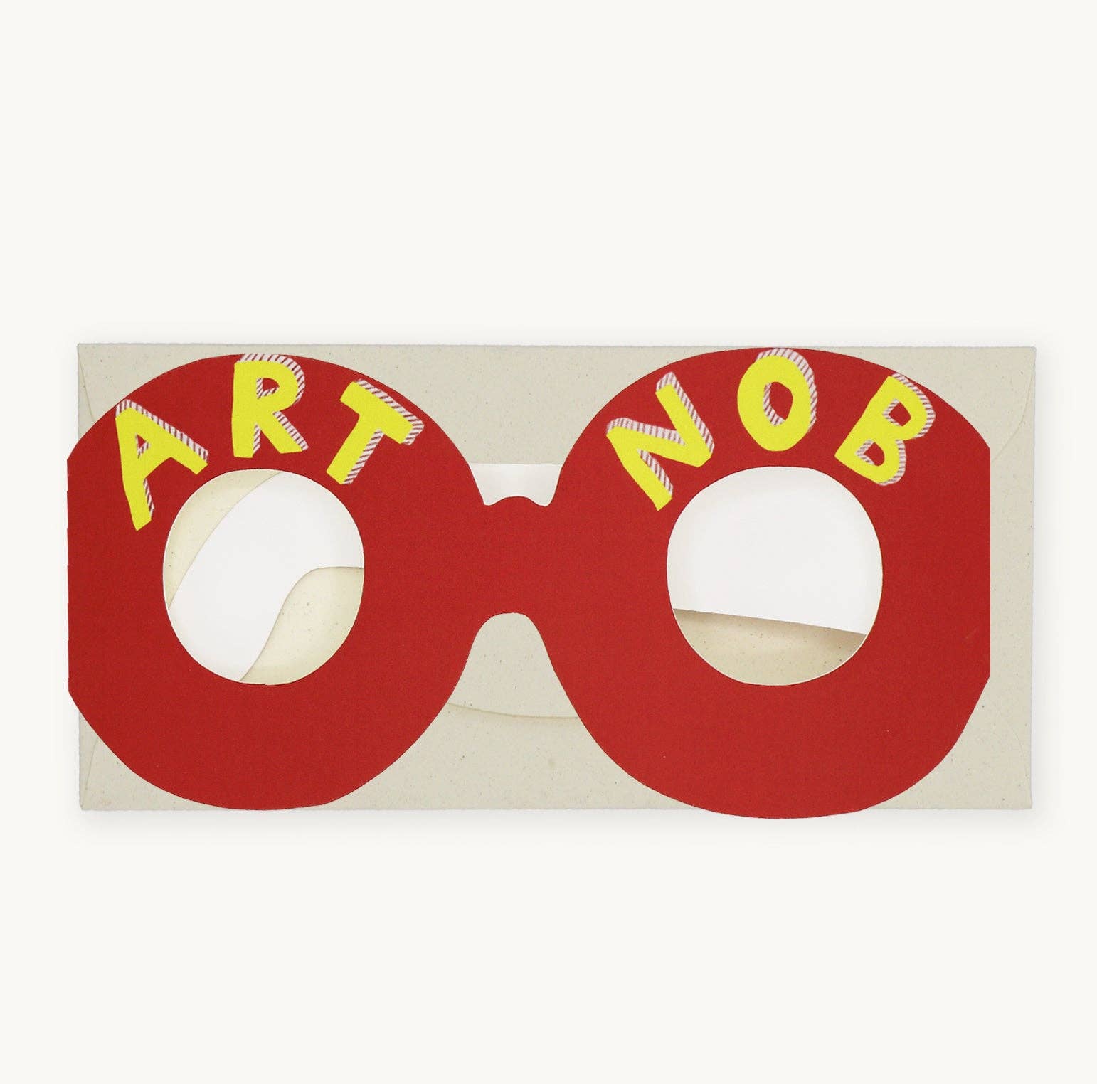 Red novelty sunglasses with 'ART NOB' text on a white background