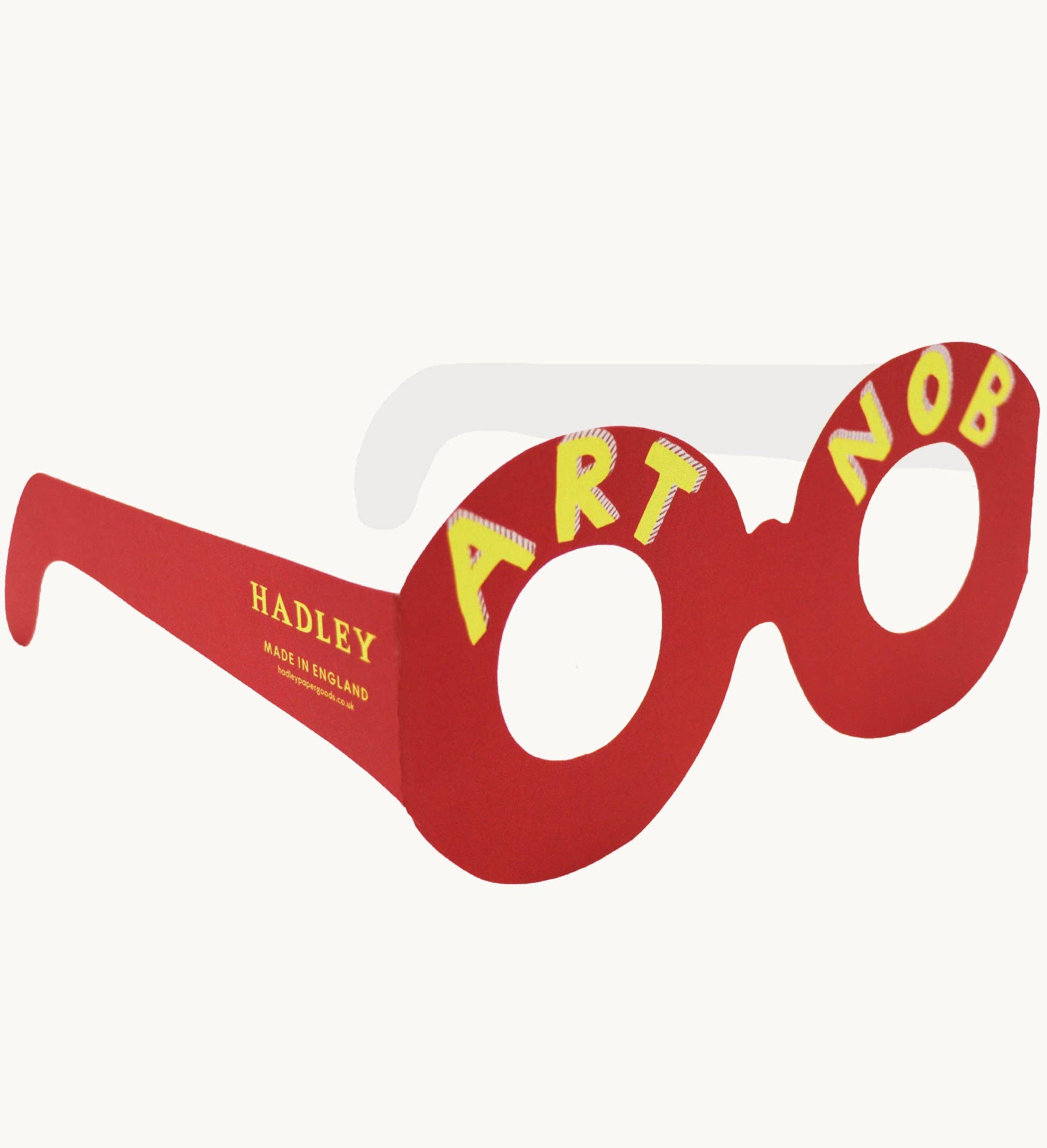 Red novelty glasses with yellow text on a white background
