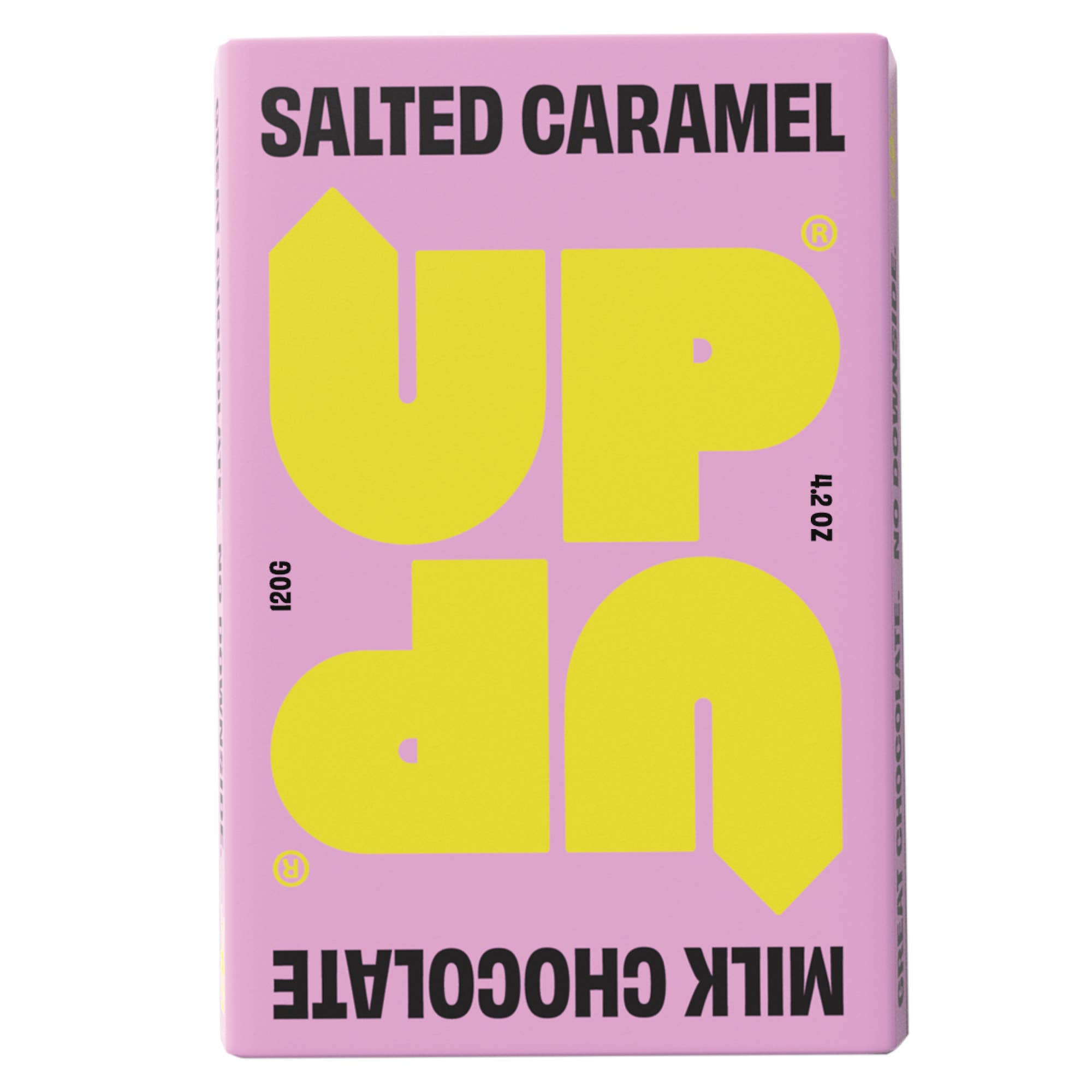 Pink packaging of milk chocolate with 'UP' branding and 'Salted Caramel' text.