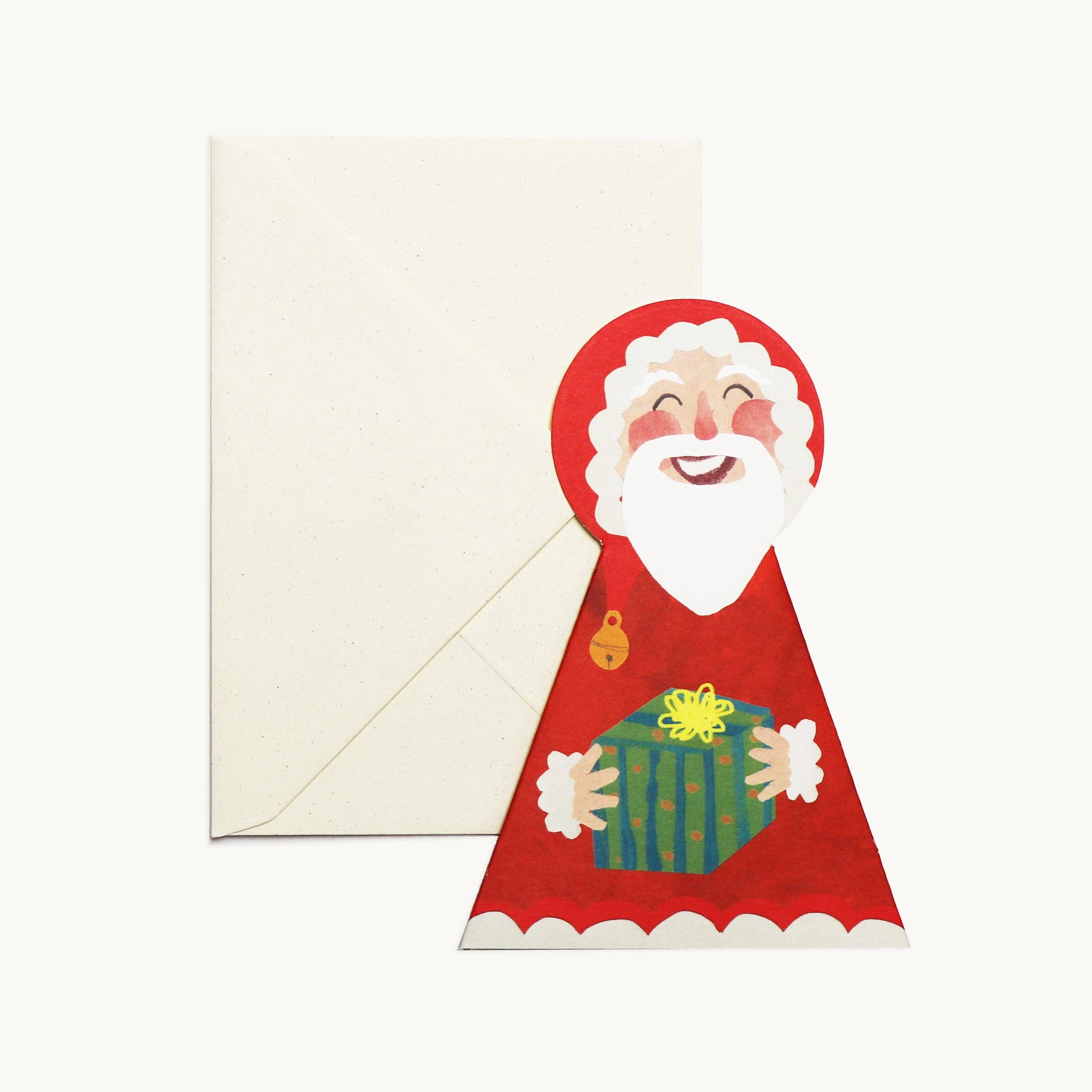 Greeting card with a cartoon Santa Claus holding a gift on a white background