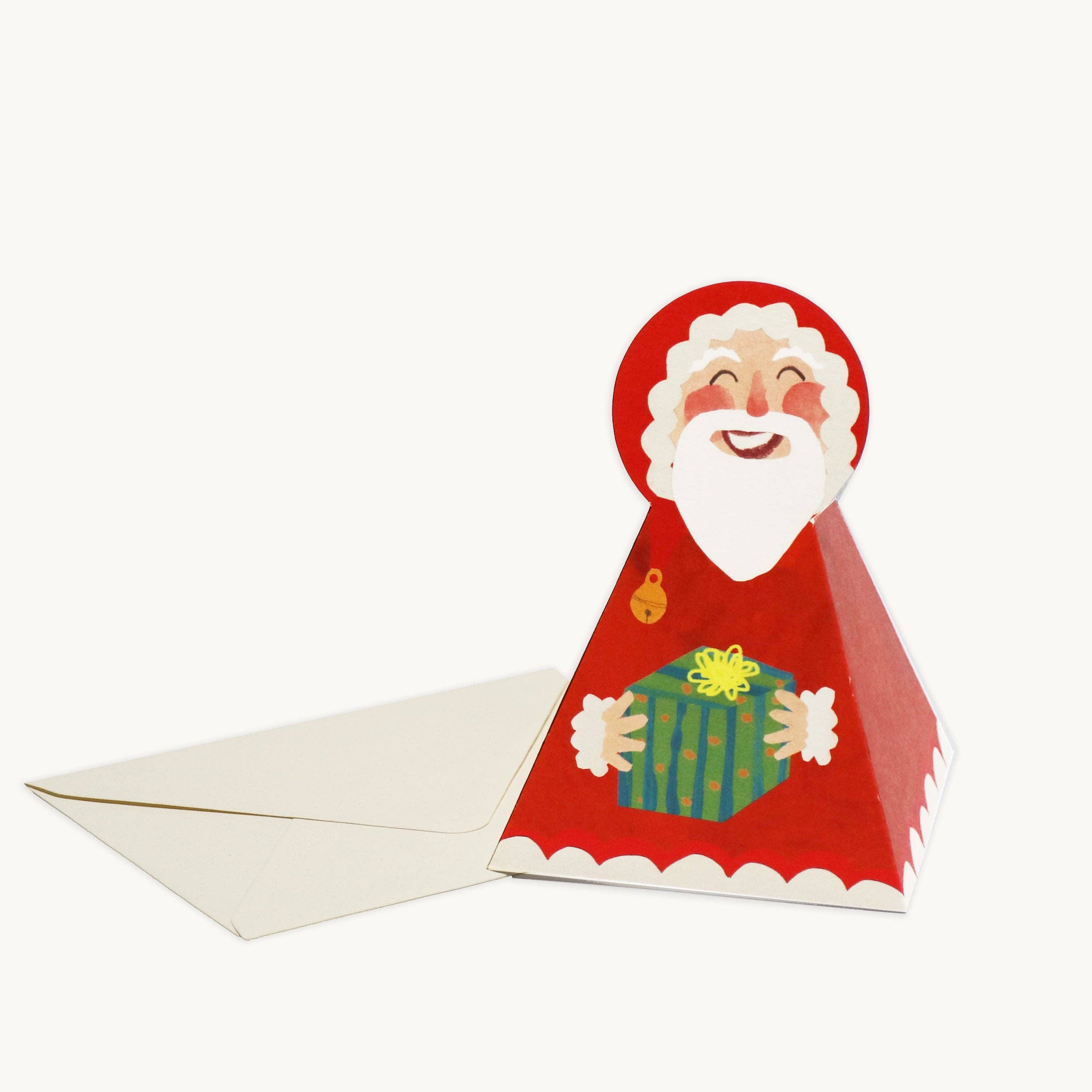 Card with a Santa Claus design holding a gift, featuring an envelope on a white background