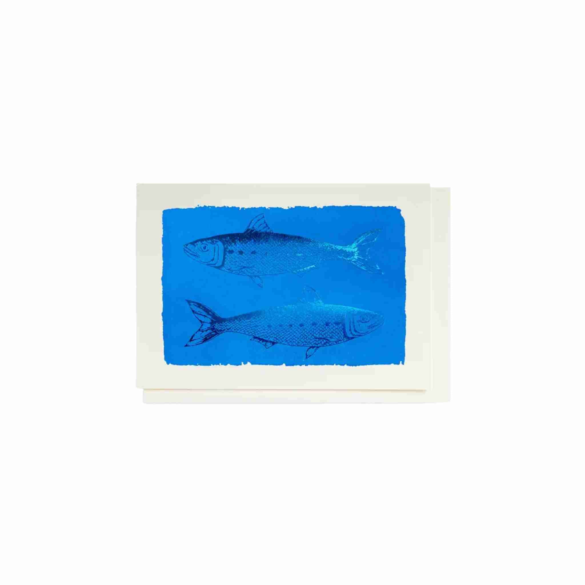 Two blue fish illustrations on a white card with a blue background