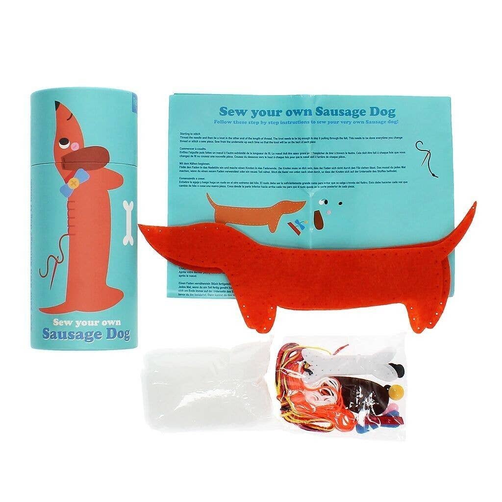 Sew your own sausage dog kit with packaging and materials on a white background