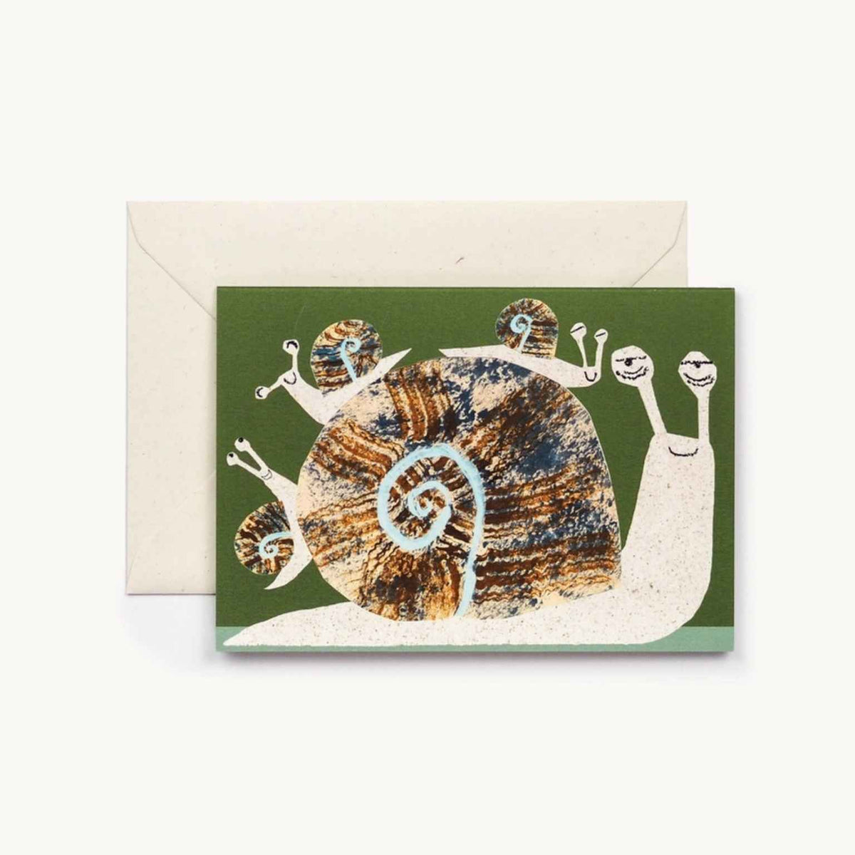 Greeting card with a snail design on a green background, featuring an envelope.