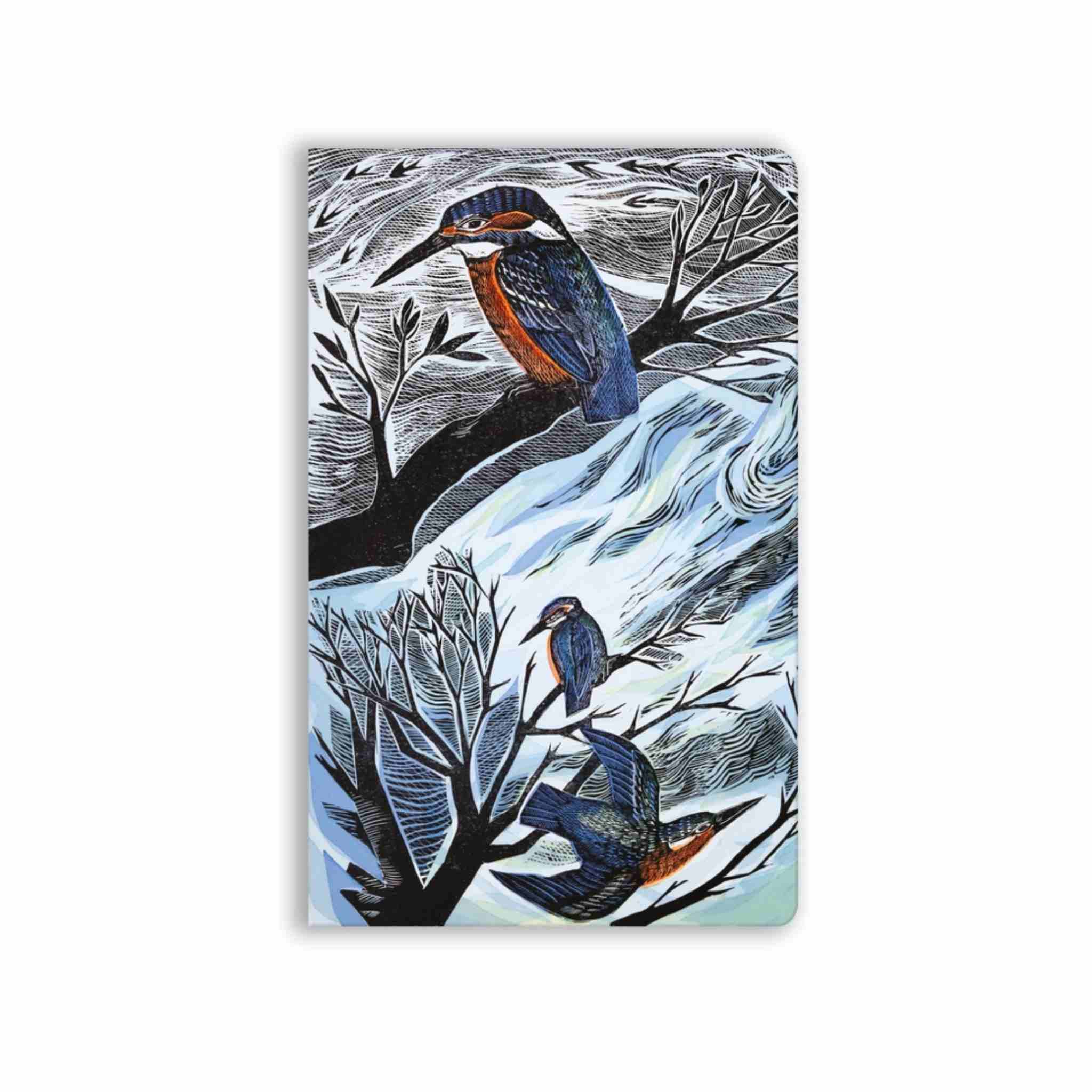 Notebook cover with illustration of kingfishers on branches against a snowy landscape