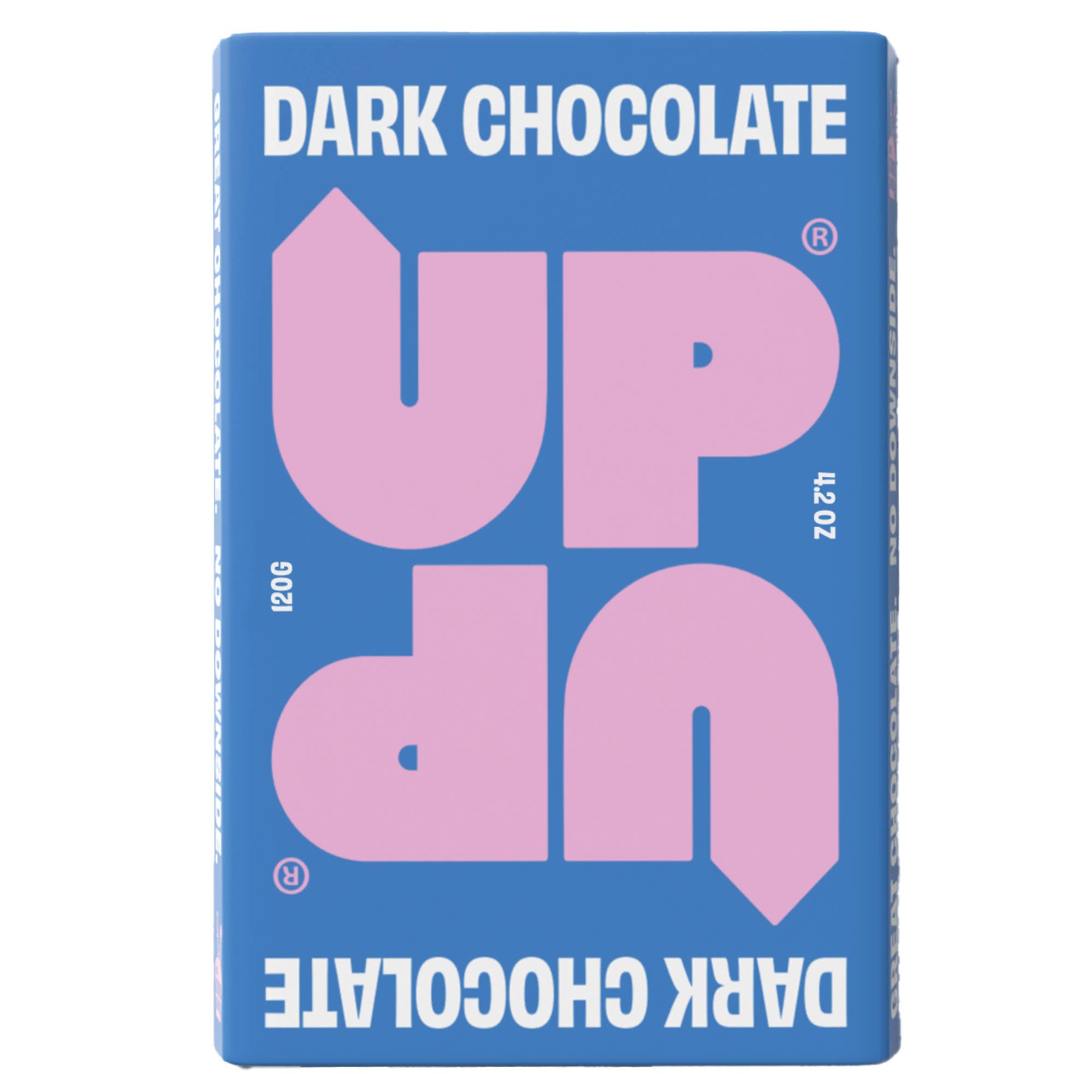 Dark chocolate packaging with 'UP' branding on a blue background