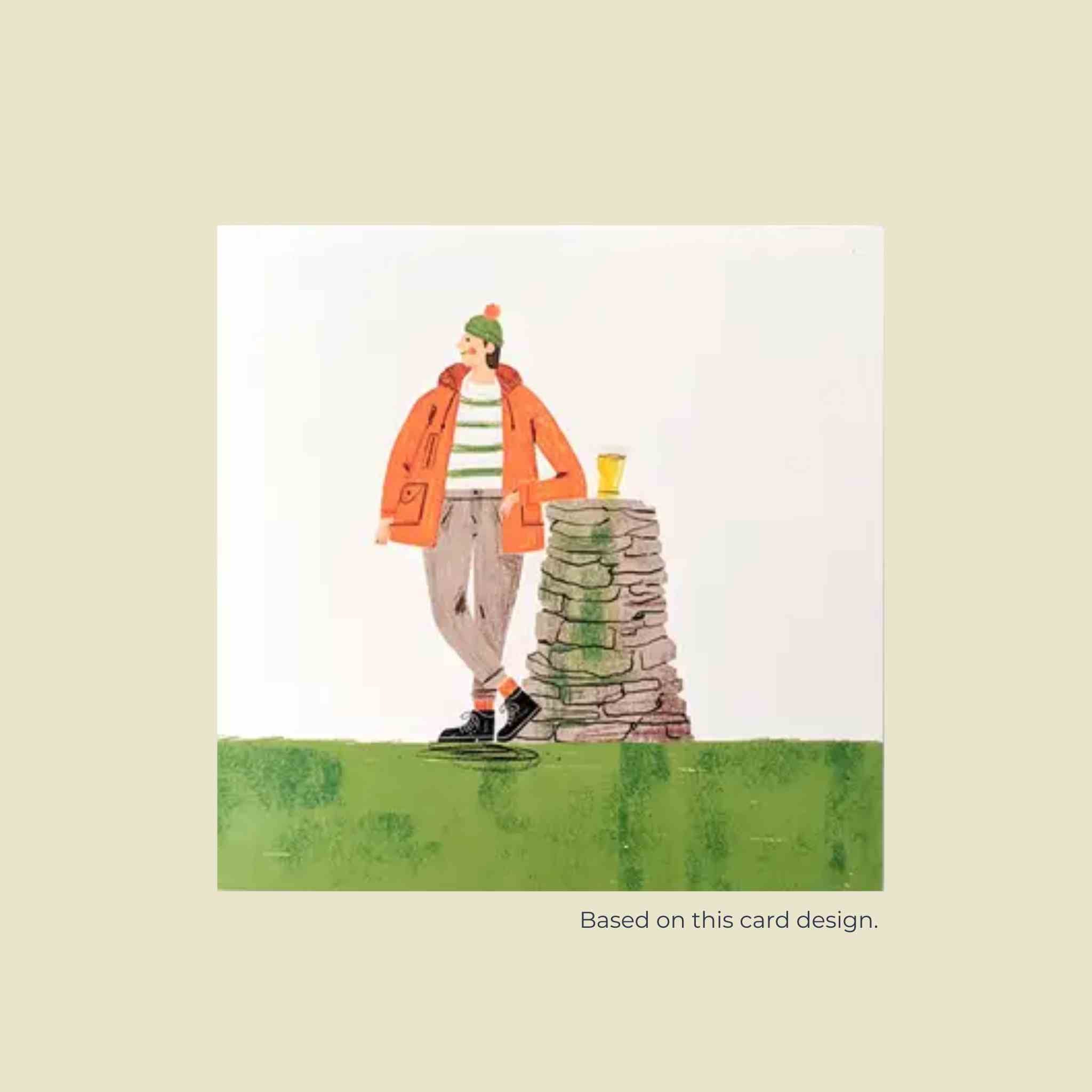 Illustration of a person in an orange coat standing next to a stone structure (with a pint) on a green base.